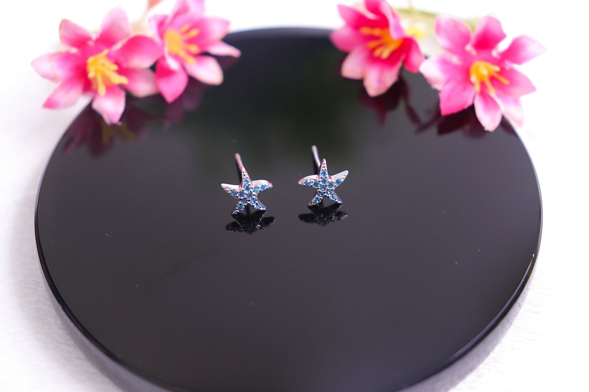 Genuine Blue Topaz Earrings, Sea Star Earrings, Crystal Earrings, Sterling Silver, Starfish Studs, Handmade Jewelry