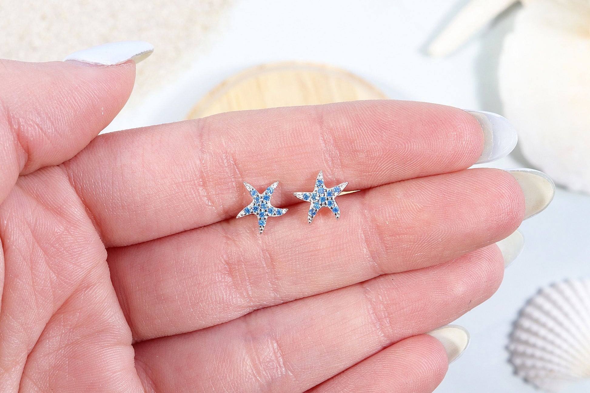 Genuine Blue Topaz Earrings, Sea Star Earrings, Crystal Earrings, Sterling Silver, Starfish Studs, Handmade Jewelry