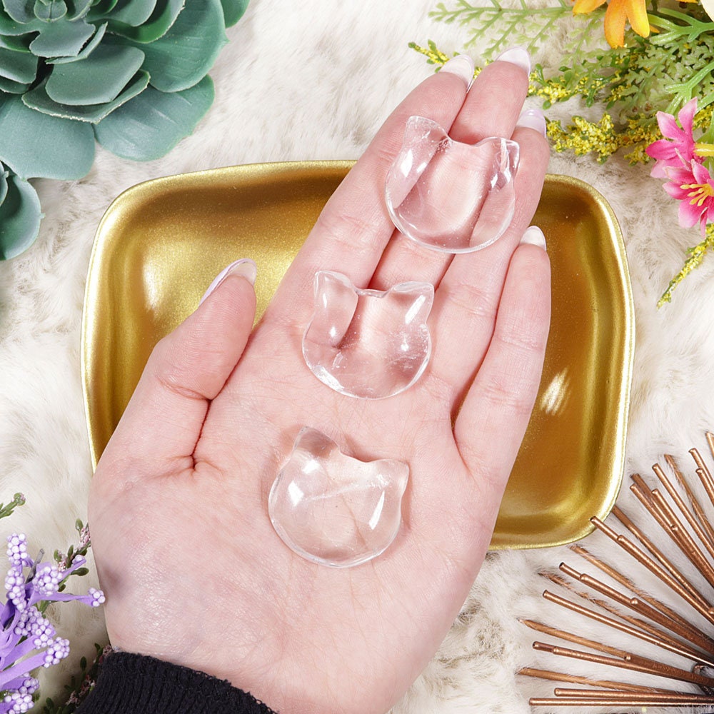 Adorable Crystal Carved Kitty Face, Clear Quartz Gemstone, Healing Crystal, Animal Statue - SET OF ONE