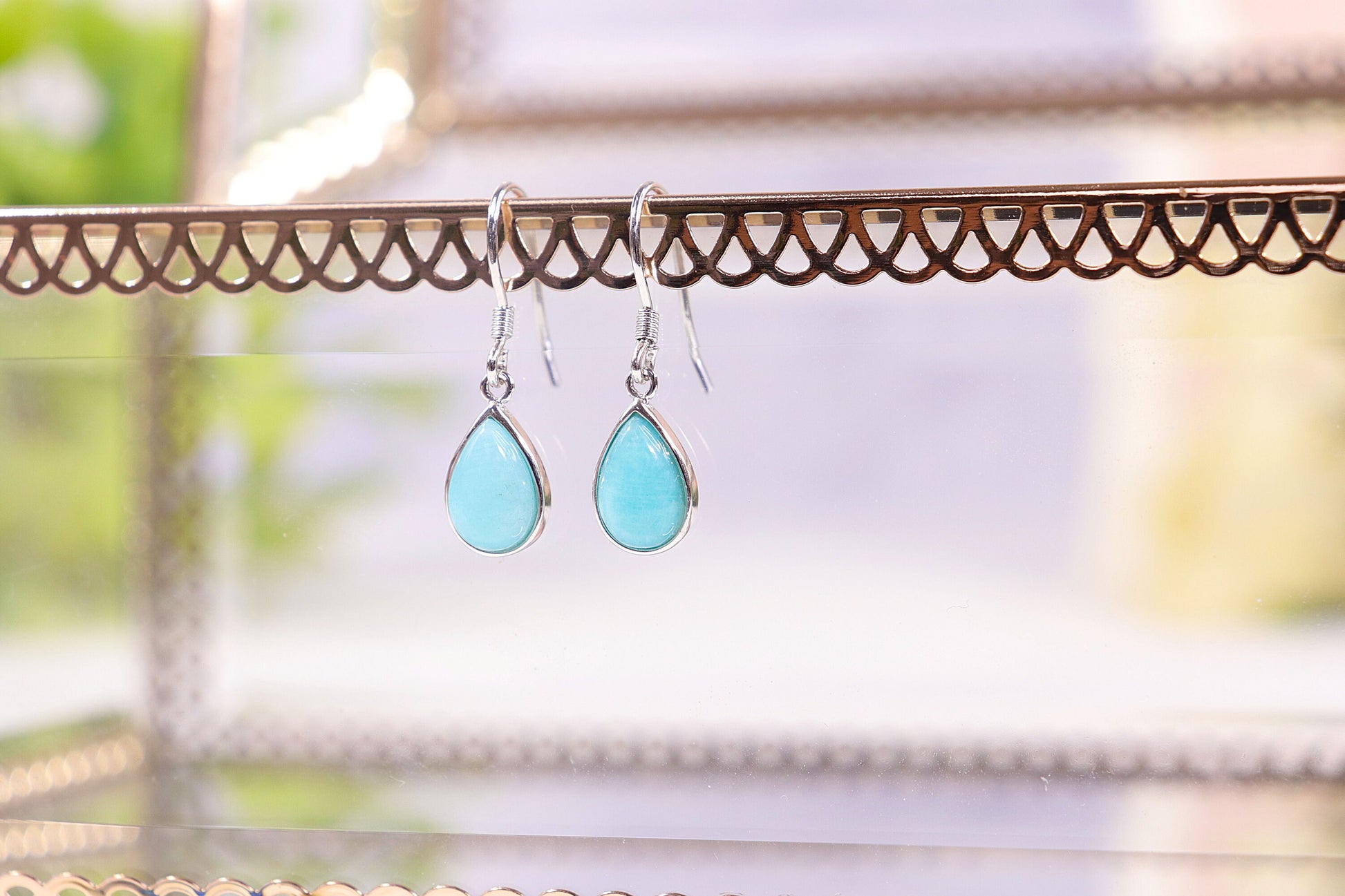 Genuine Amazonite Earrings, Tear Drop Earrings, Crystal Earrings, Sterling Silver, Dangle Earrings