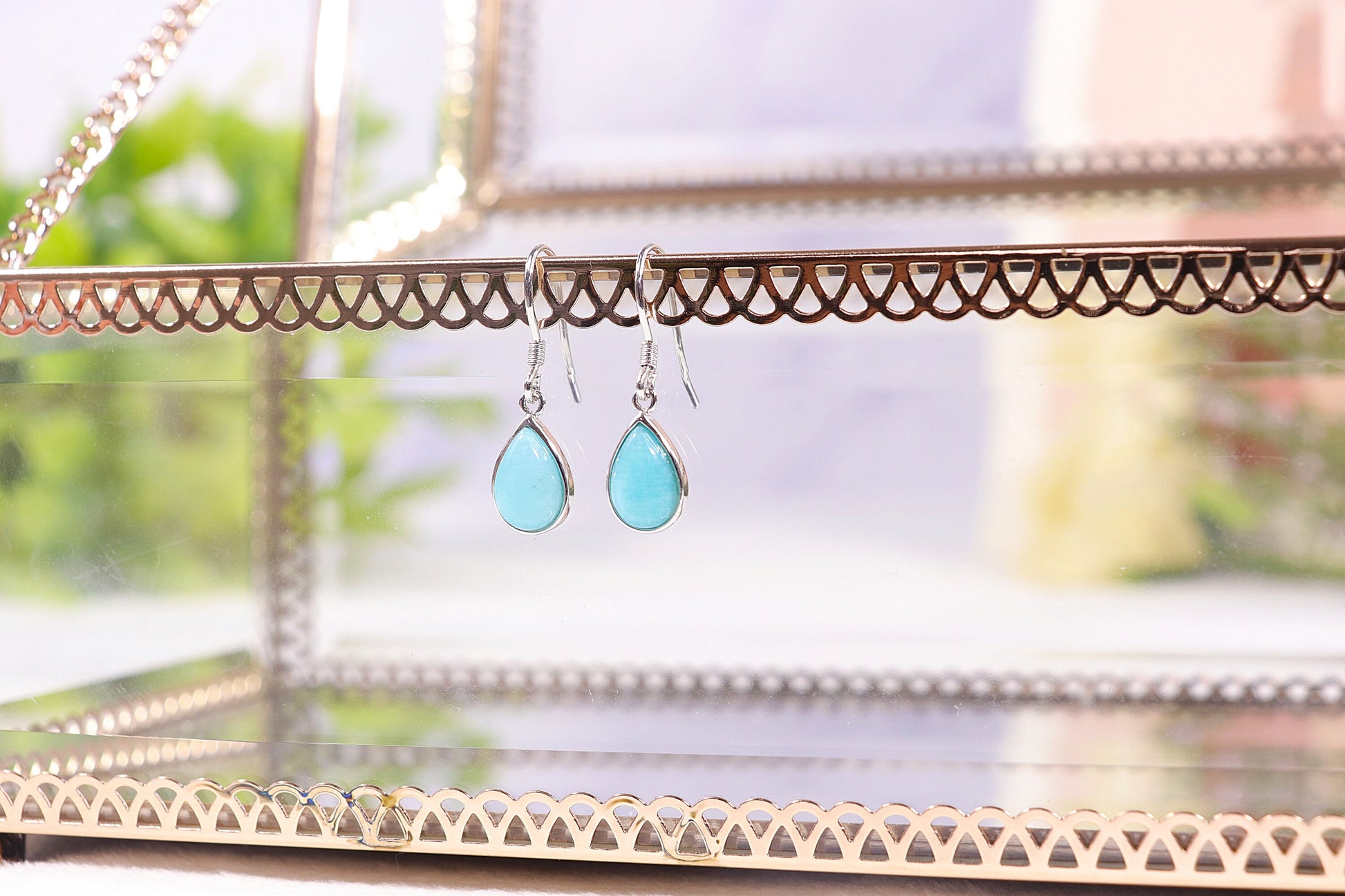 Genuine Amazonite Earrings, Tear Drop Earrings, Crystal Earrings, Sterling Silver, Dangle Earrings