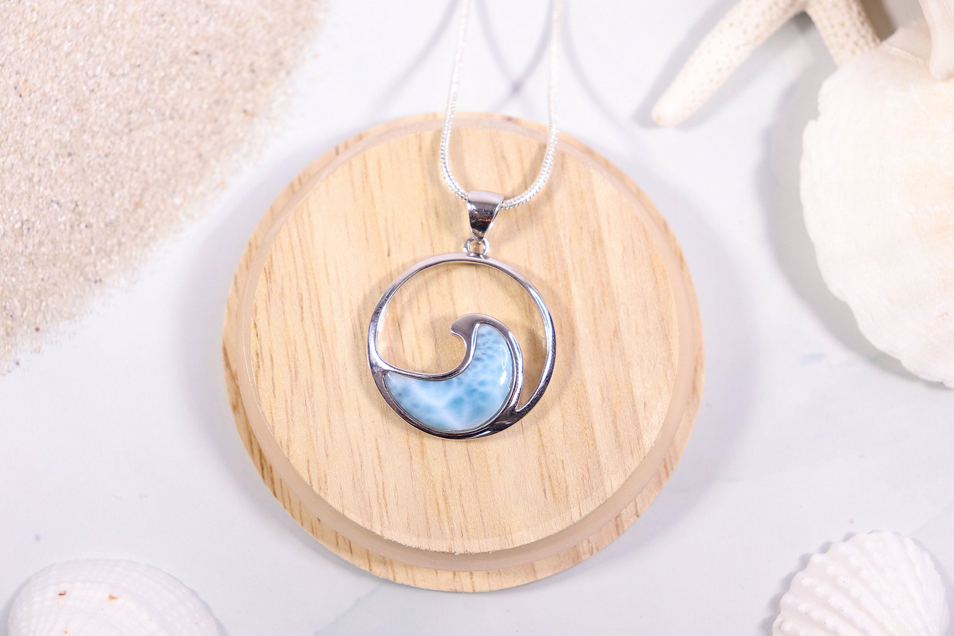 Natural Larimar Necklace, Ocean Wave Necklace, Silver Chain, Handmade Jewelry, Crystal Jewelry, Anniversary Gift for Her