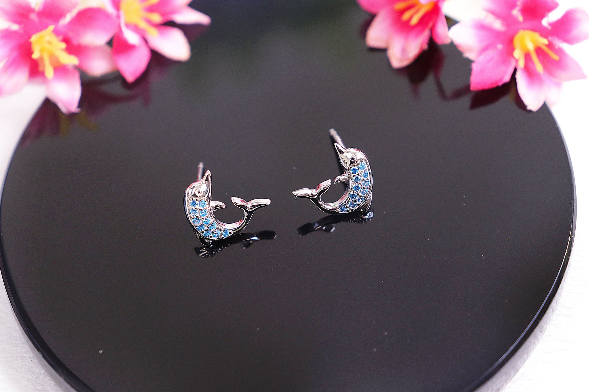 Genuine Blue Topaz Earrings, Dolphin Earrings, Crystal Earrings, Sterling Silver, Dolphin Stud, Handmade Jewelry