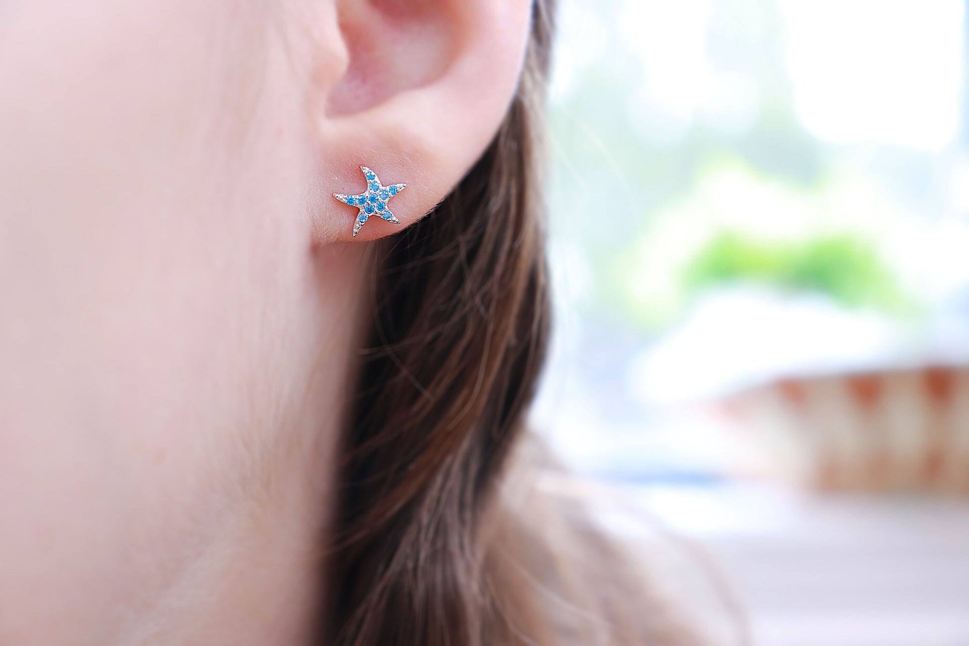 Genuine Blue Topaz Earrings, Sea Star Earrings, Crystal Earrings, Sterling Silver, Starfish Studs, Handmade Jewelry