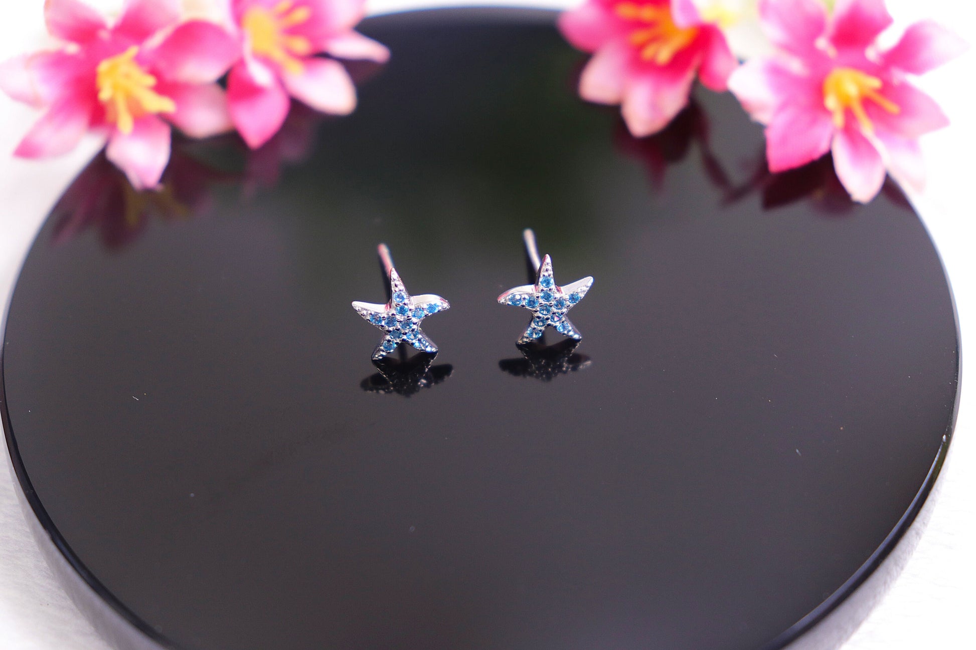 Genuine Blue Topaz Earrings, Sea Star Earrings, Crystal Earrings, Sterling Silver, Starfish Studs, Handmade Jewelry