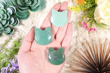 Adorable Crystal Carved Kitty Face, Green Aventurine Gemstone, Healing Crystal, Animal Statue - SET OF FIVE