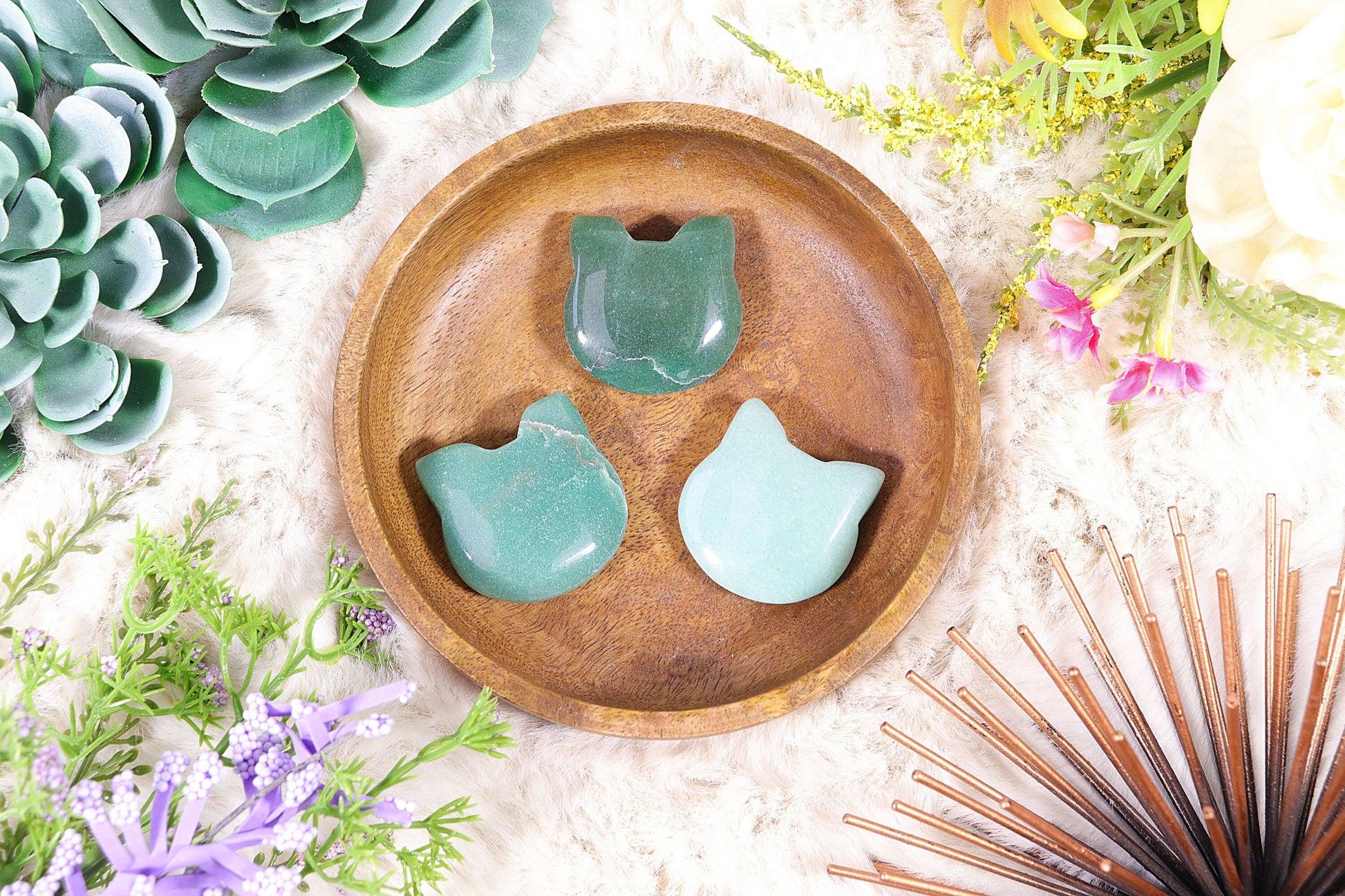 Adorable Crystal Carved Kitty Face, Green Aventurine Gemstone, Healing Crystal, Animal Statue - SET OF ONE