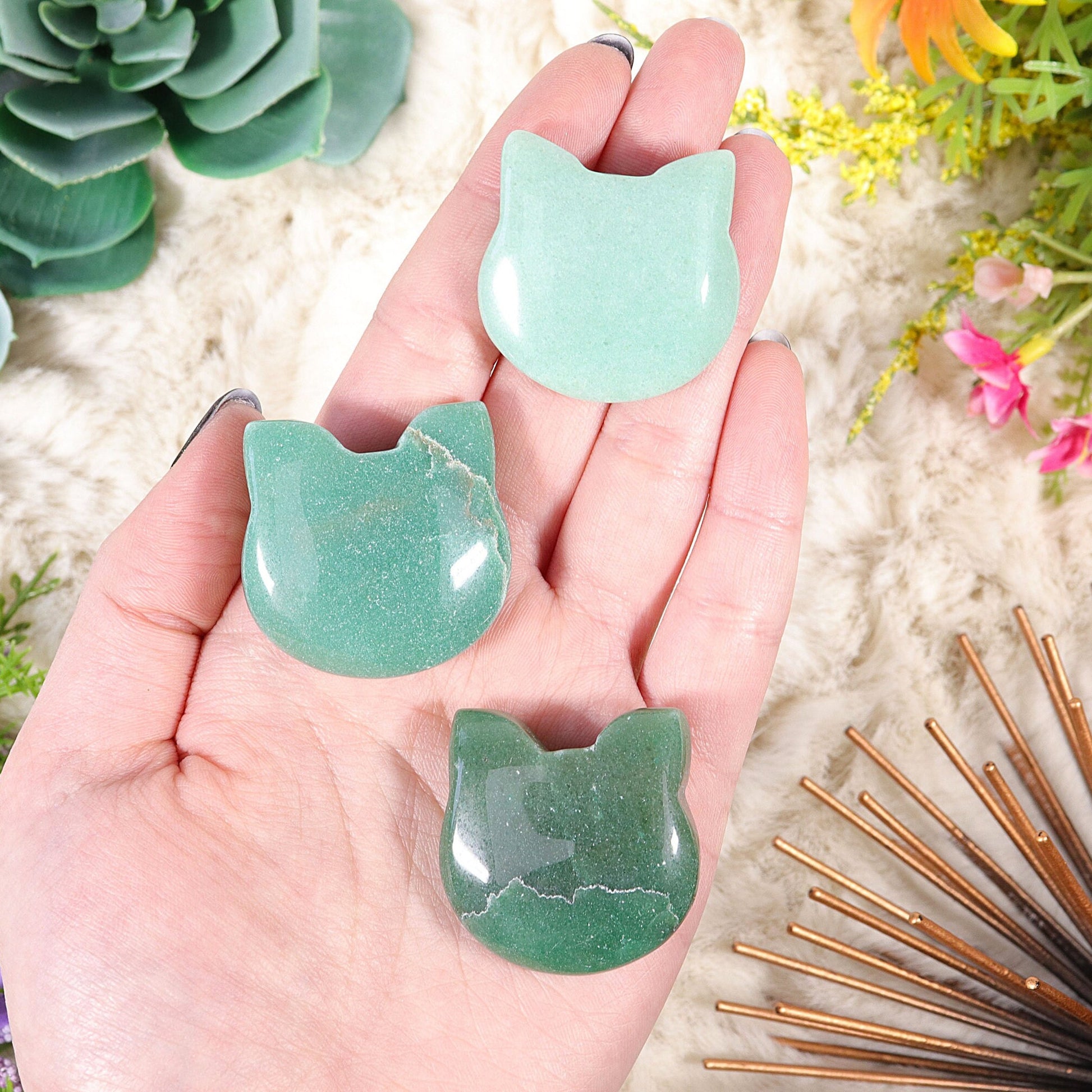 Adorable Crystal Carved Kitty Face, Green Aventurine Gemstone, Healing Crystal, Animal Statue - SET OF ONE