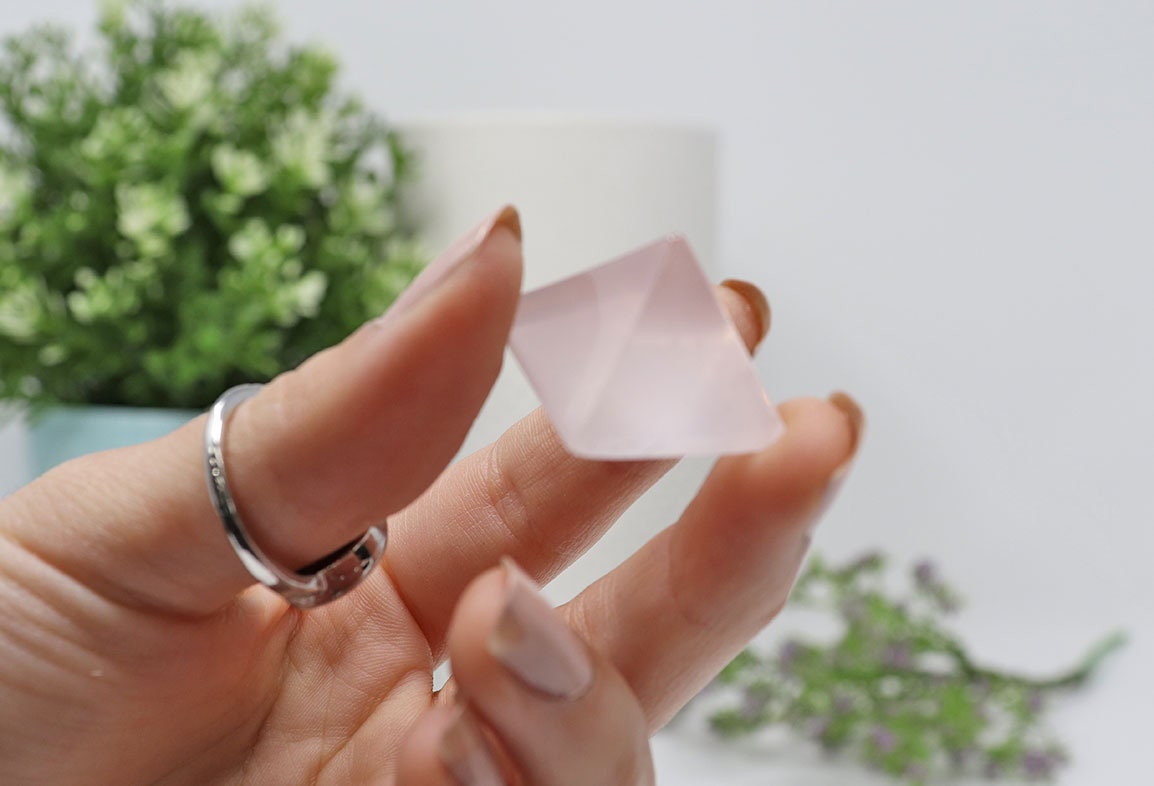 Natural Mini Rose Quartz Pyramid, Polished Crystal Carving, Gemstone for Devotion- SET OF ONE