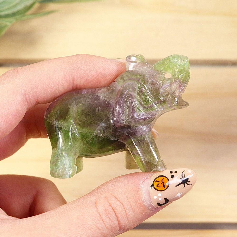 Hand Carved Fluorite Crystal Gemstone Elephant