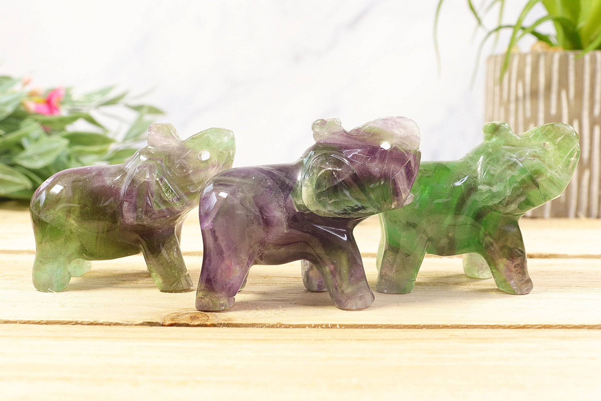 Hand Carved Fluorite Crystal Gemstone Elephant