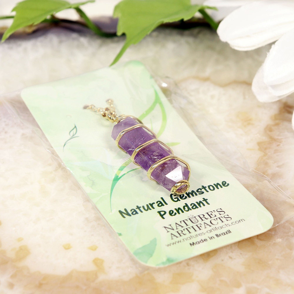 Amethyst Wrapped Necklace, Gold and Silver Plated Wrapped, Healing and Protection, Real Crystal Jewelry, Ethically Sourced