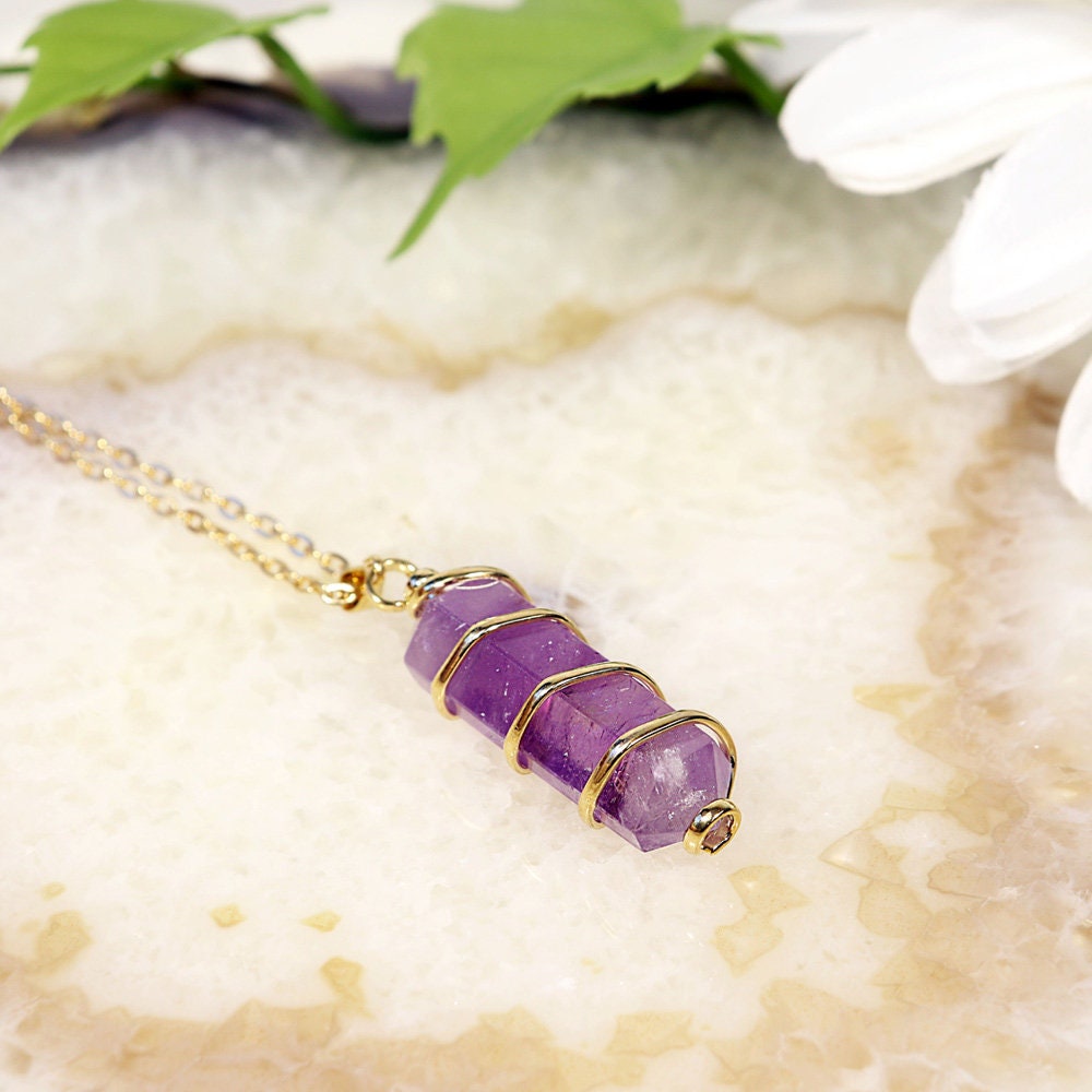 Amethyst Wrapped Necklace, Gold and Silver Plated Wrapped, Healing and Protection, Real Crystal Jewelry, Ethically Sourced