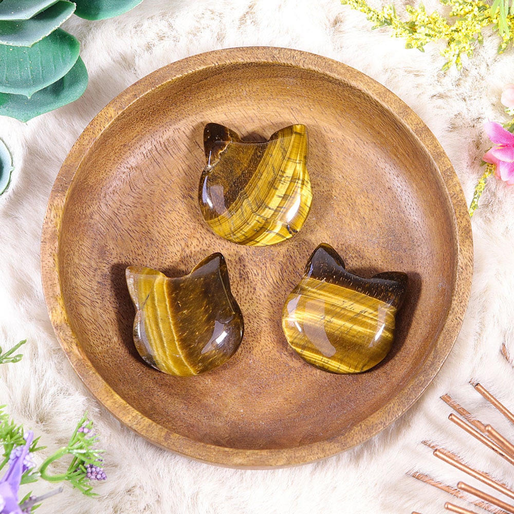 Adorable Crystal Carved Kitty Face, Tigers Eye Gemstone, Grounding Crystal, Animal Statue - SET OF FIVE