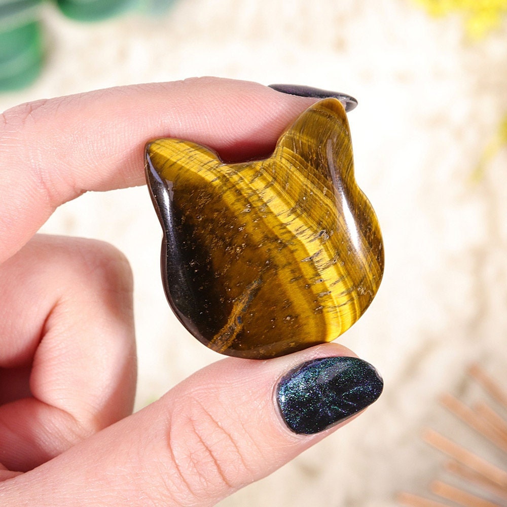 Adorable Crystal Carved Kitty Face, Tigers Eye Gemstone, Grounding Crystal, Animal Statue - SET OF FIVE