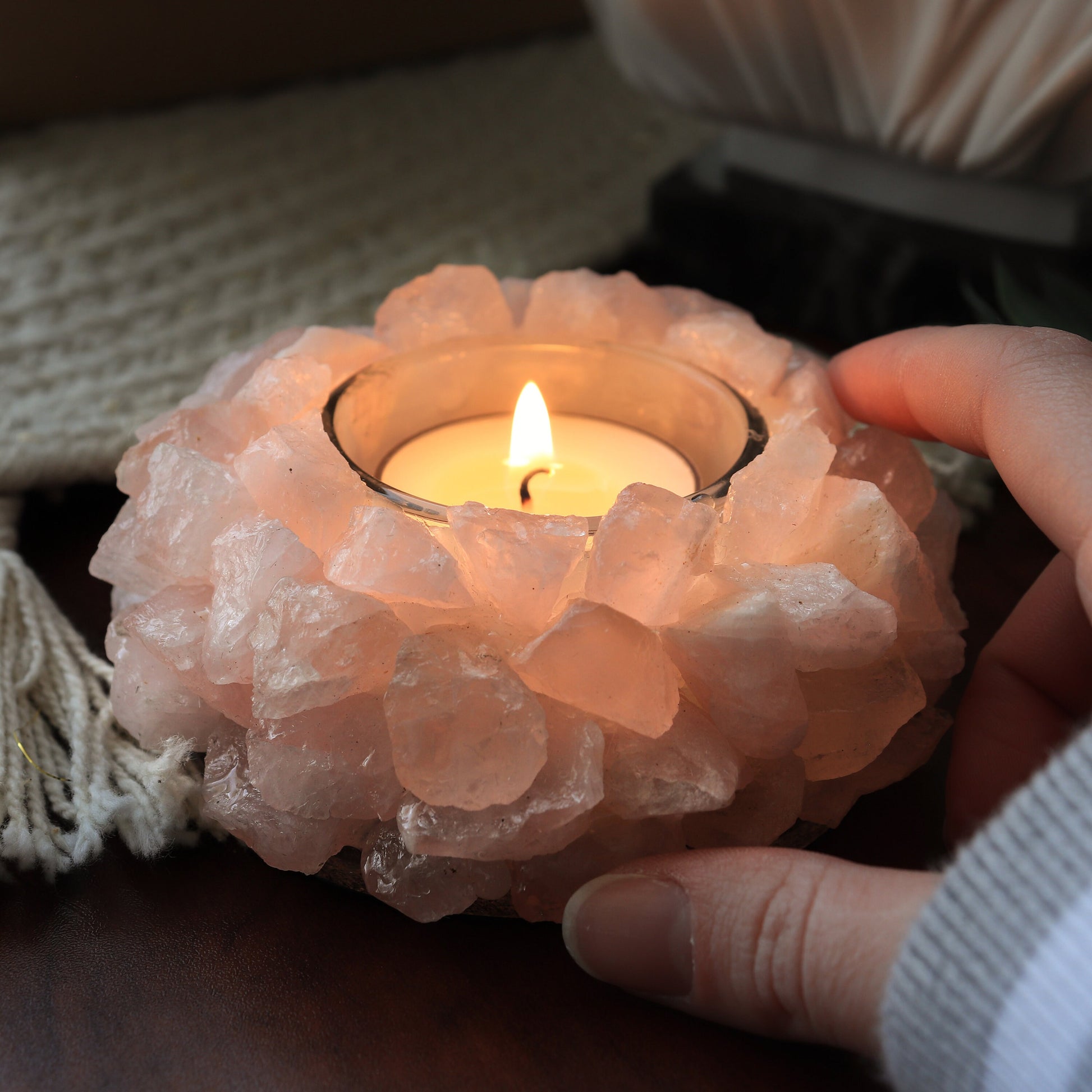 Rose Quartz Lotus Candle holder | Natural Crystal Home Decor