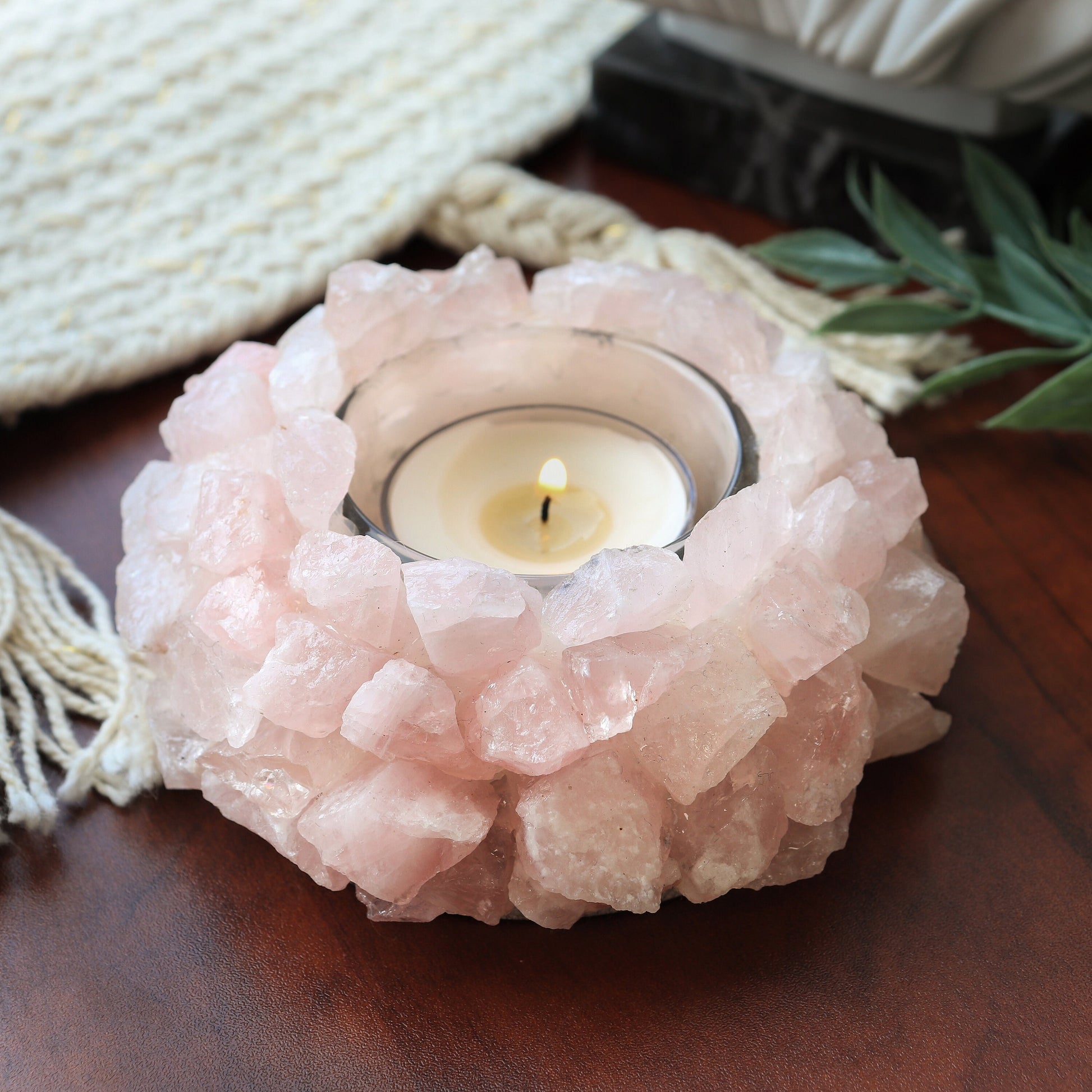 Rose Quartz Lotus Candle holder | Natural Crystal Home Decor