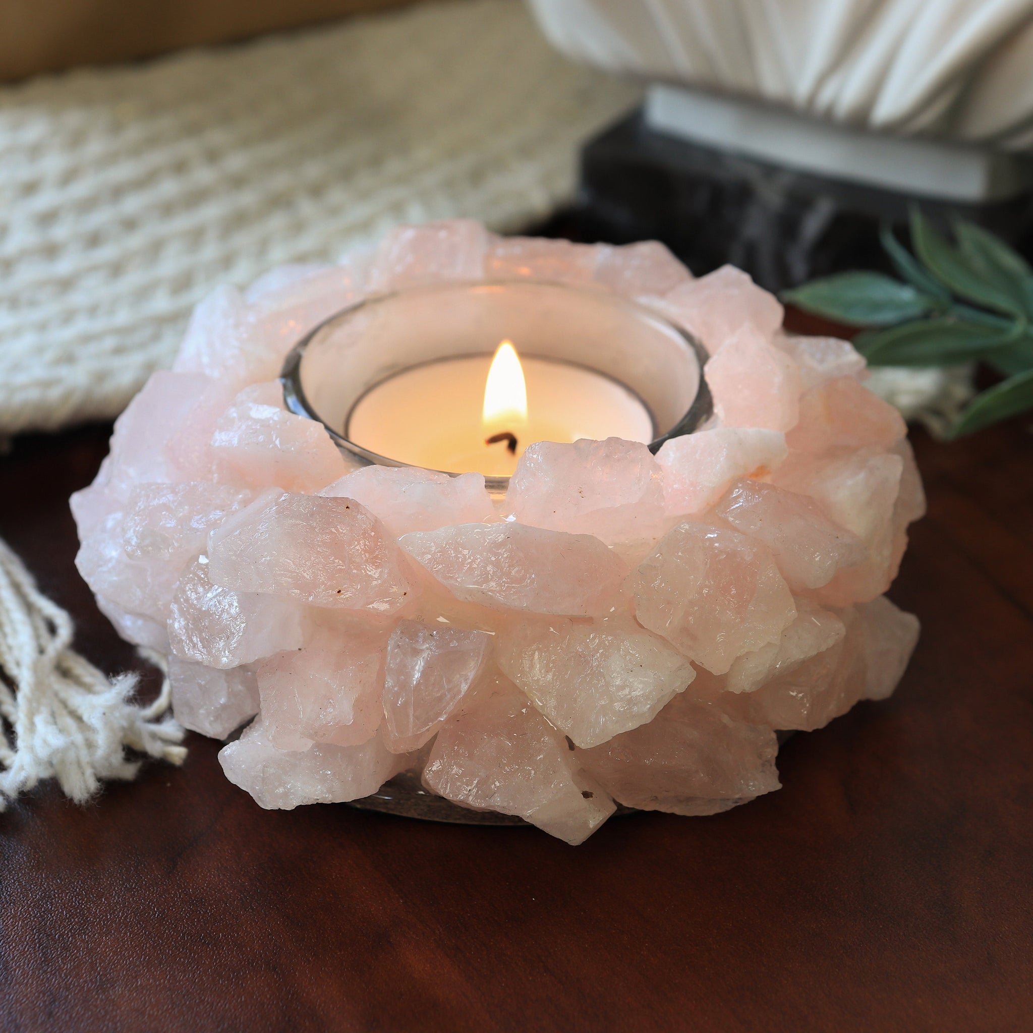 Rose Quartz Lotus Candle holder | Natural Crystal Home Decor