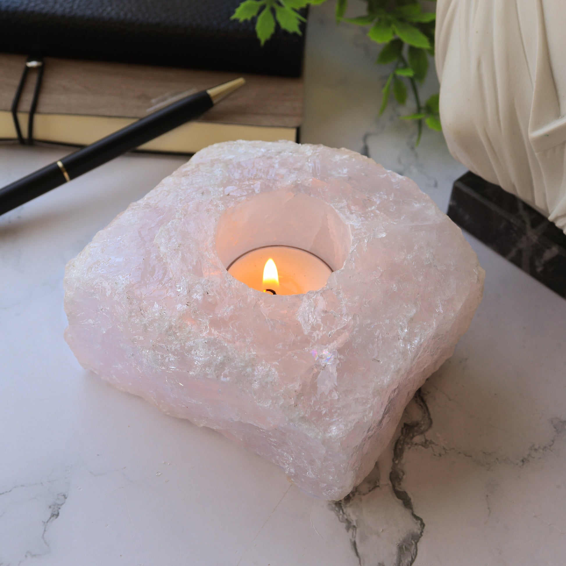 Rose Quartz Candle Holder Candle Holder, Tealight Holder, Natural Crystal Home Decor, Ethically Sourced, Raw Crystal Chunk