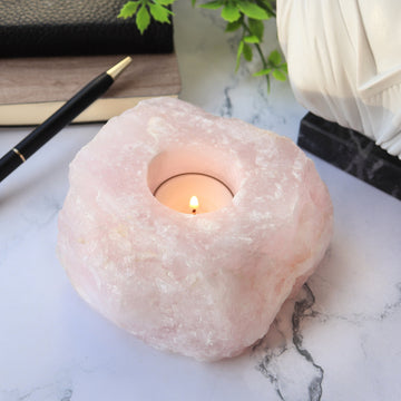 Rose Quartz Candle Holder Candle Holder, Tealight Holder, Natural Crystal Home Decor, Ethically Sourced, Raw Crystal Chunk