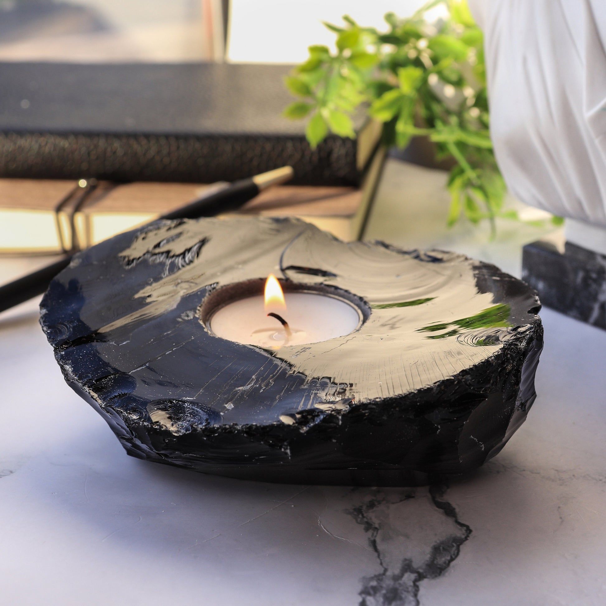 Obsidian Candle holder | Black Obsidian Crystal | Grounding Black Obsidian