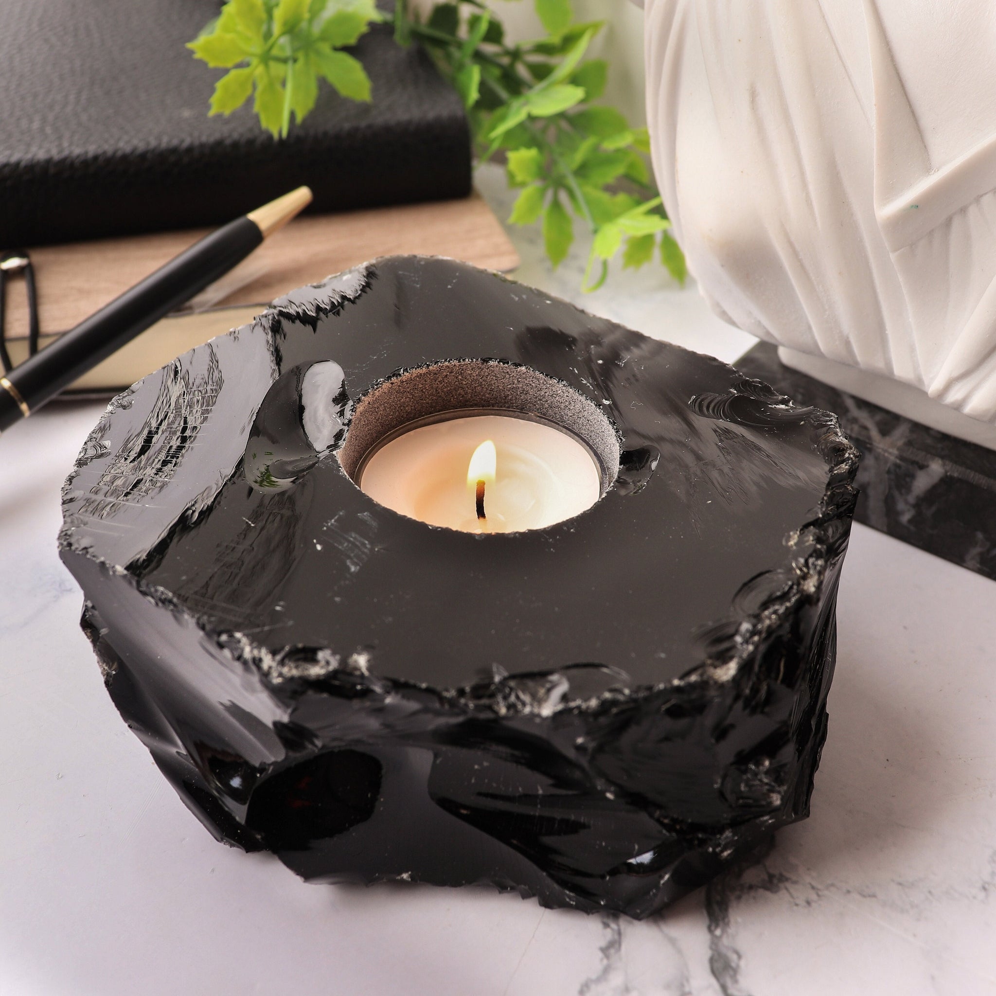 Obsidian Candle holder | Black Obsidian Crystal | Grounding Black Obsidian