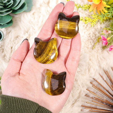 Adorable Crystal Carved Kitty Face, Tigers Eye Gemstone, Grounding Crystal, Animal Statue - SET OF FIVE