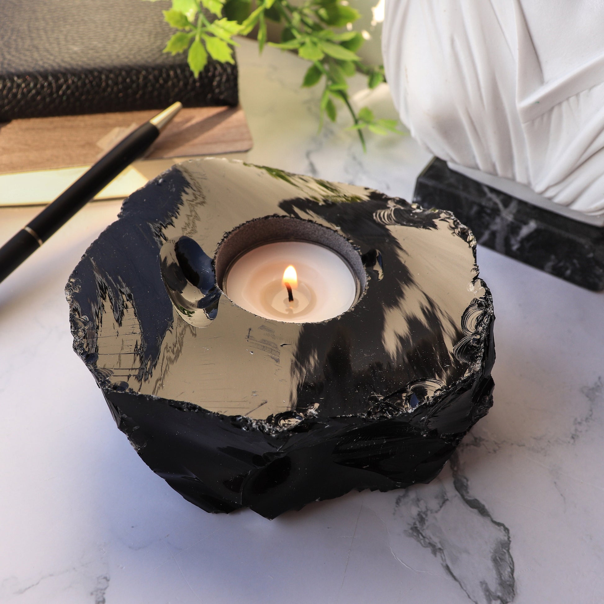 Black Obsidian Candle Holder, Tealight Holder, Natural Crystal Home Decor, Ethically Sourced, Raw Crystal Chunk