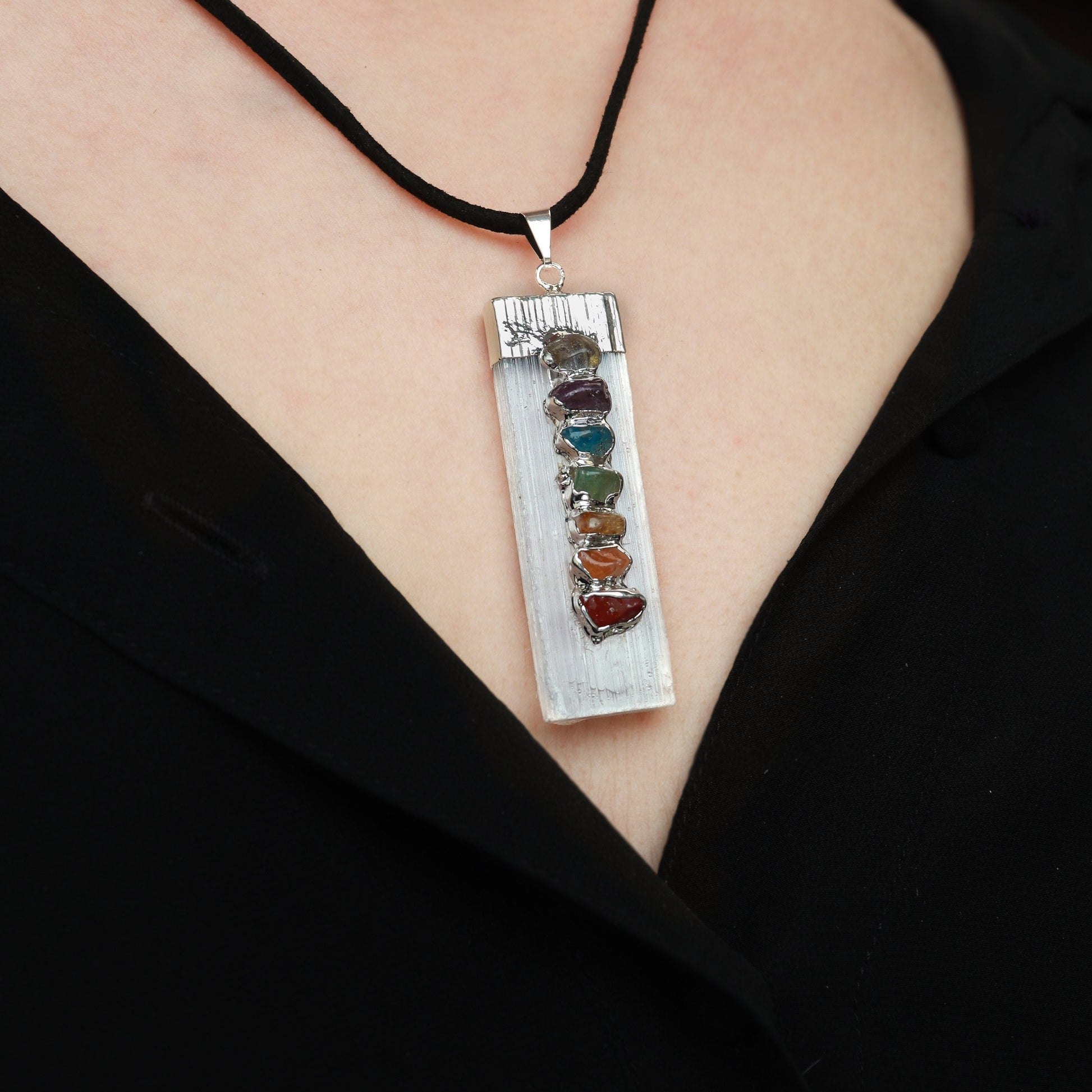 Natural Selenite Chakra Necklace, 7 Chakra Necklace, Protection & Cleansing Crystal