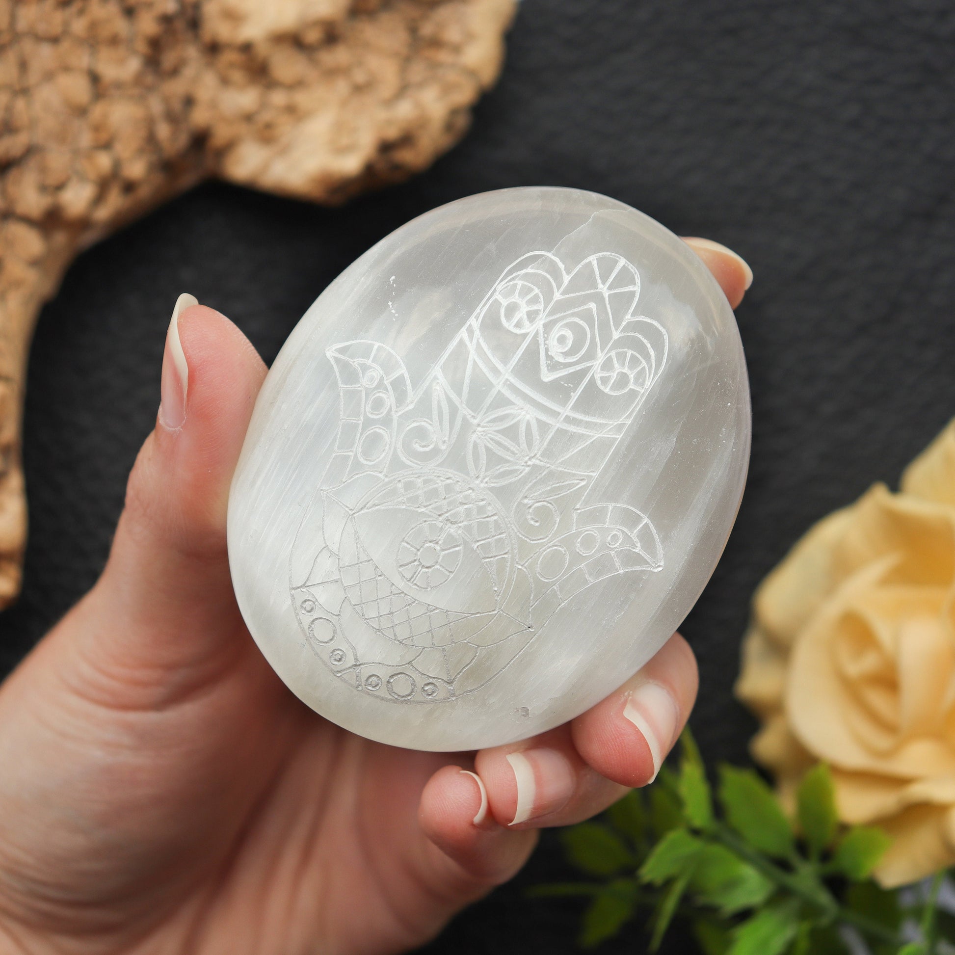 Selenite Palm stone with Hamsa Hand | Selenite Palm stone | Moroccan Selenite