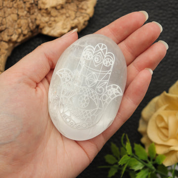 Selenite Palm stone with Hamsa Hand | Selenite Palm stone | Moroccan Selenite