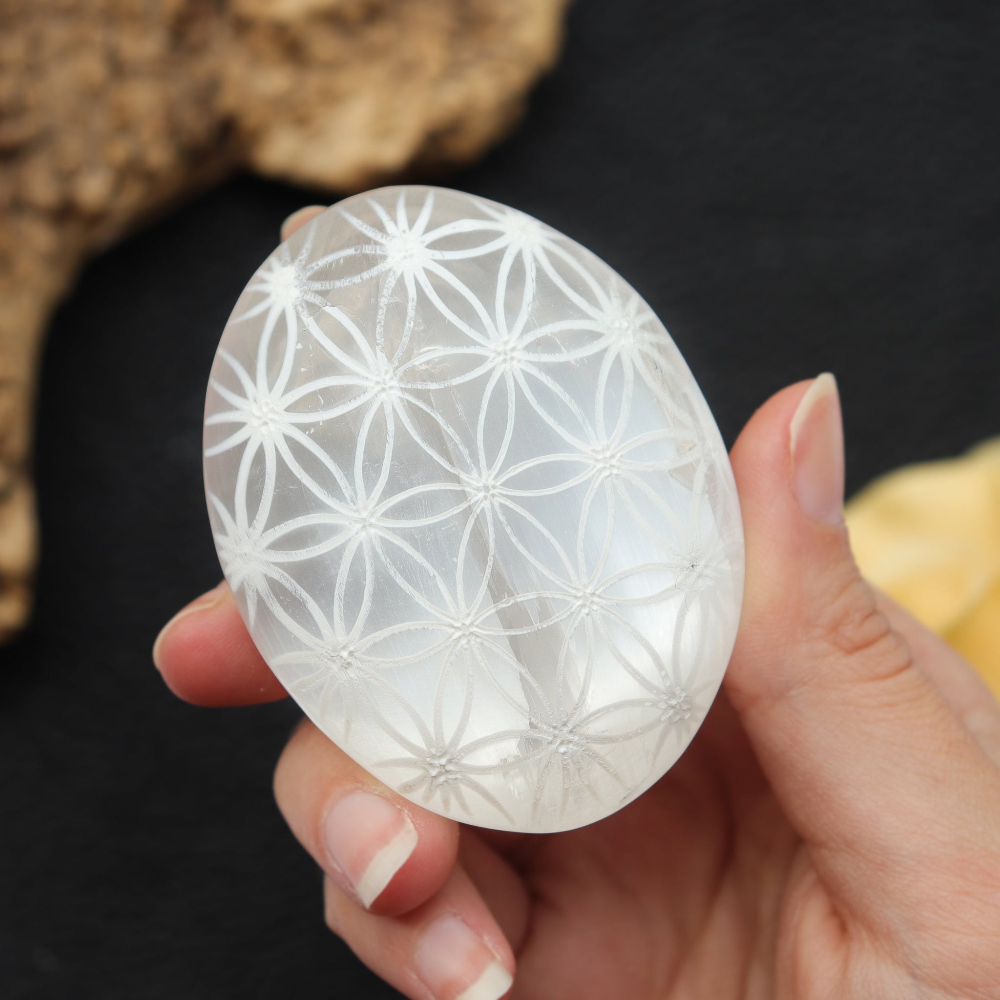 Selenite Palm stone with Flower of Life | Selenite Palm stone | Moroccan Selenite