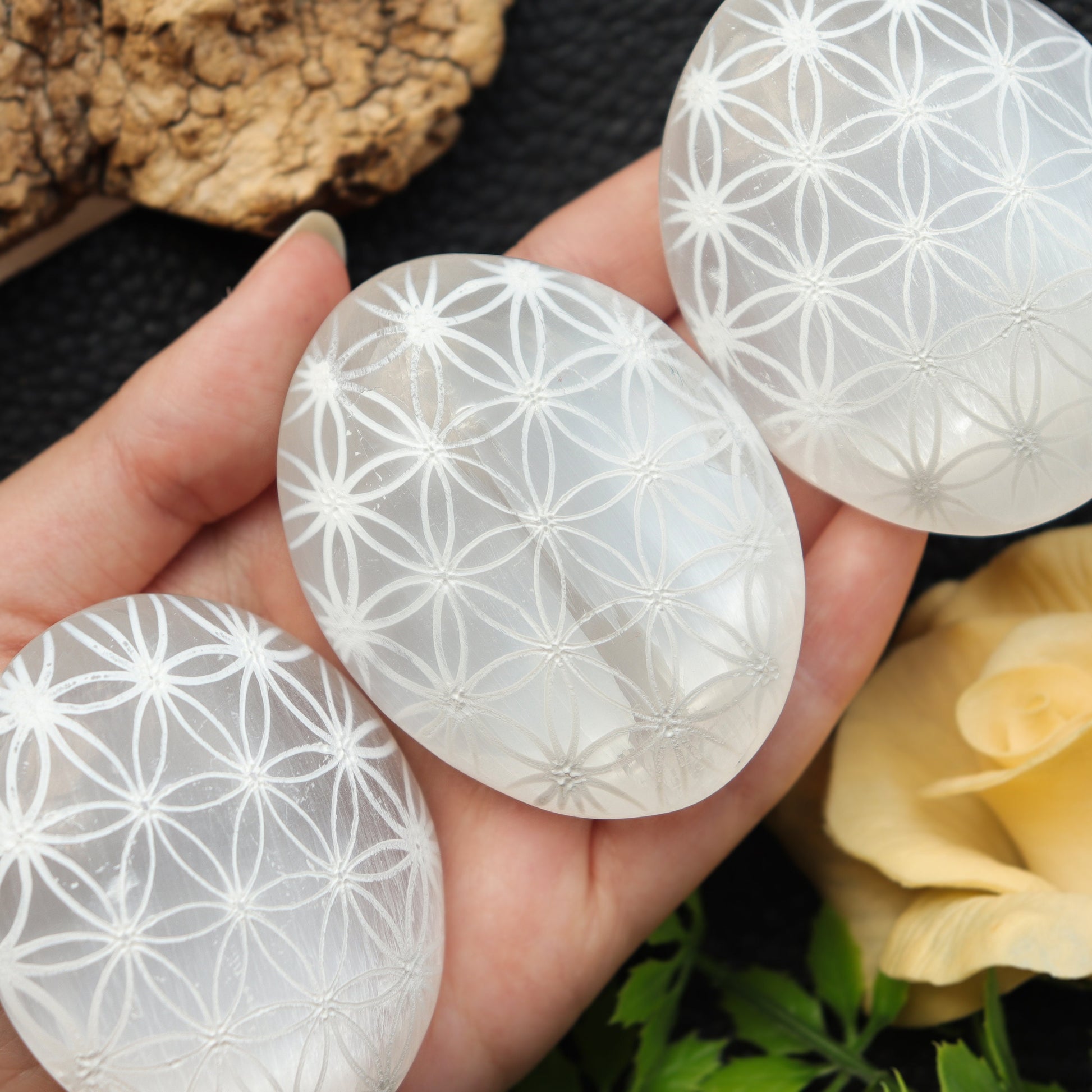 Selenite Palm stone with Flower of Life | Selenite Palm stone | Moroccan Selenite