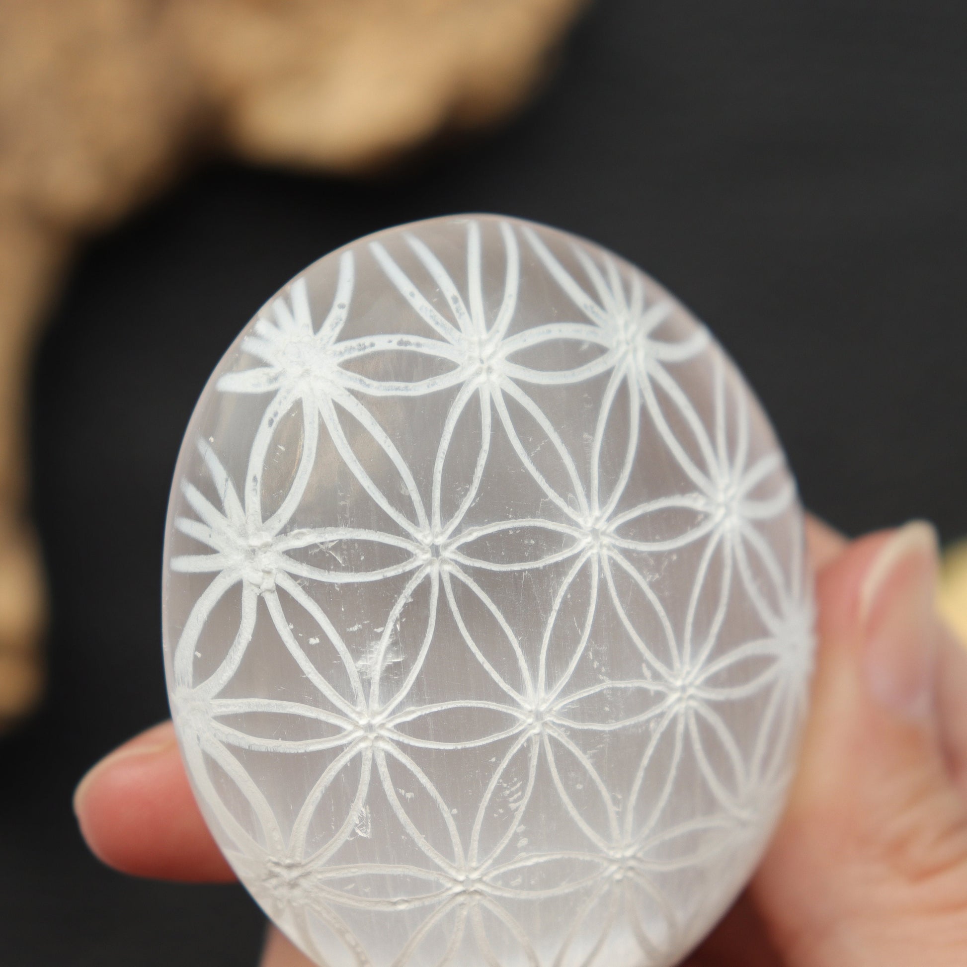 Selenite Palm stone with Flower of Life | Selenite Palm stone | Moroccan Selenite