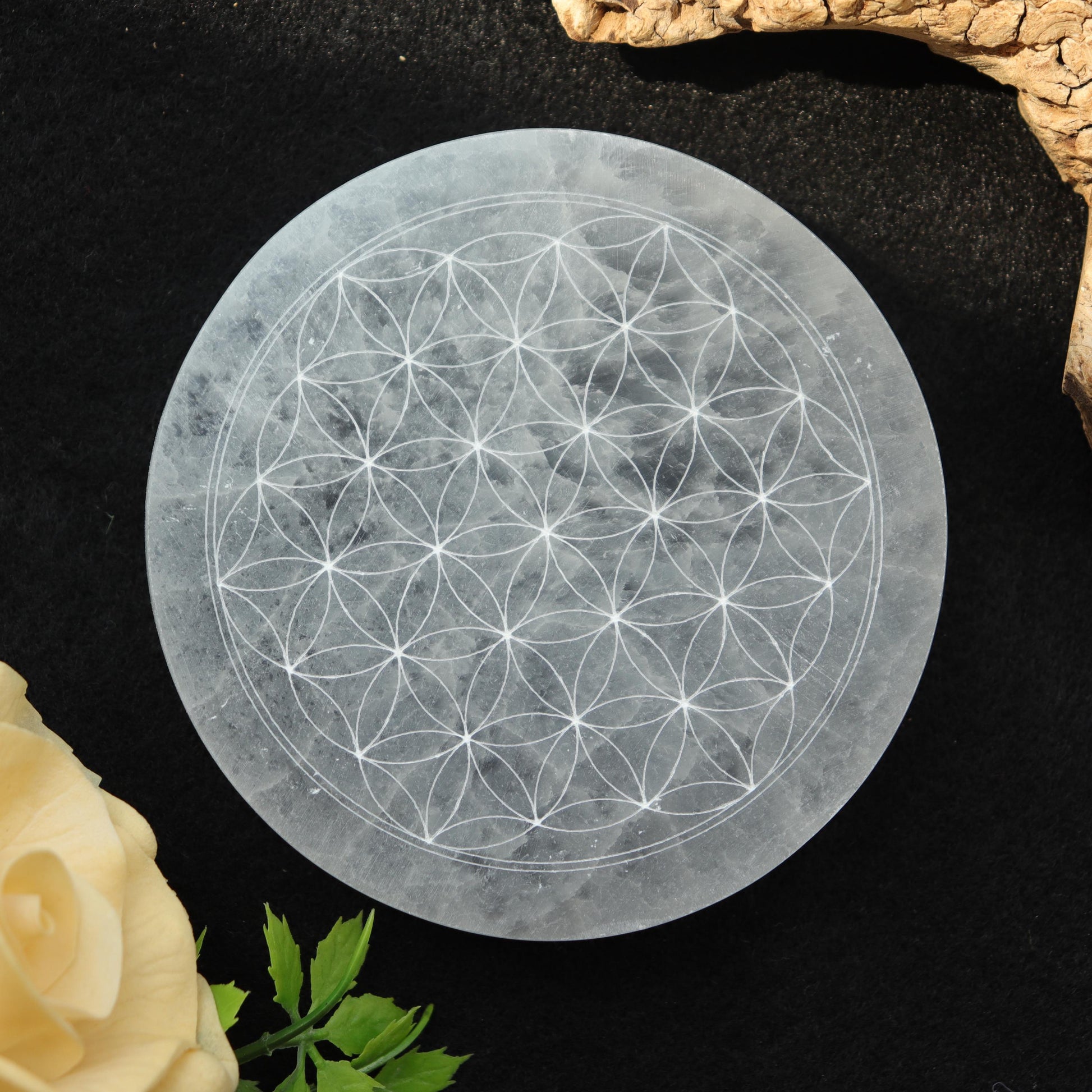 Selenite Round Engraved Plate Flower of Life, Etched Charging & Cleansing Plate 4"