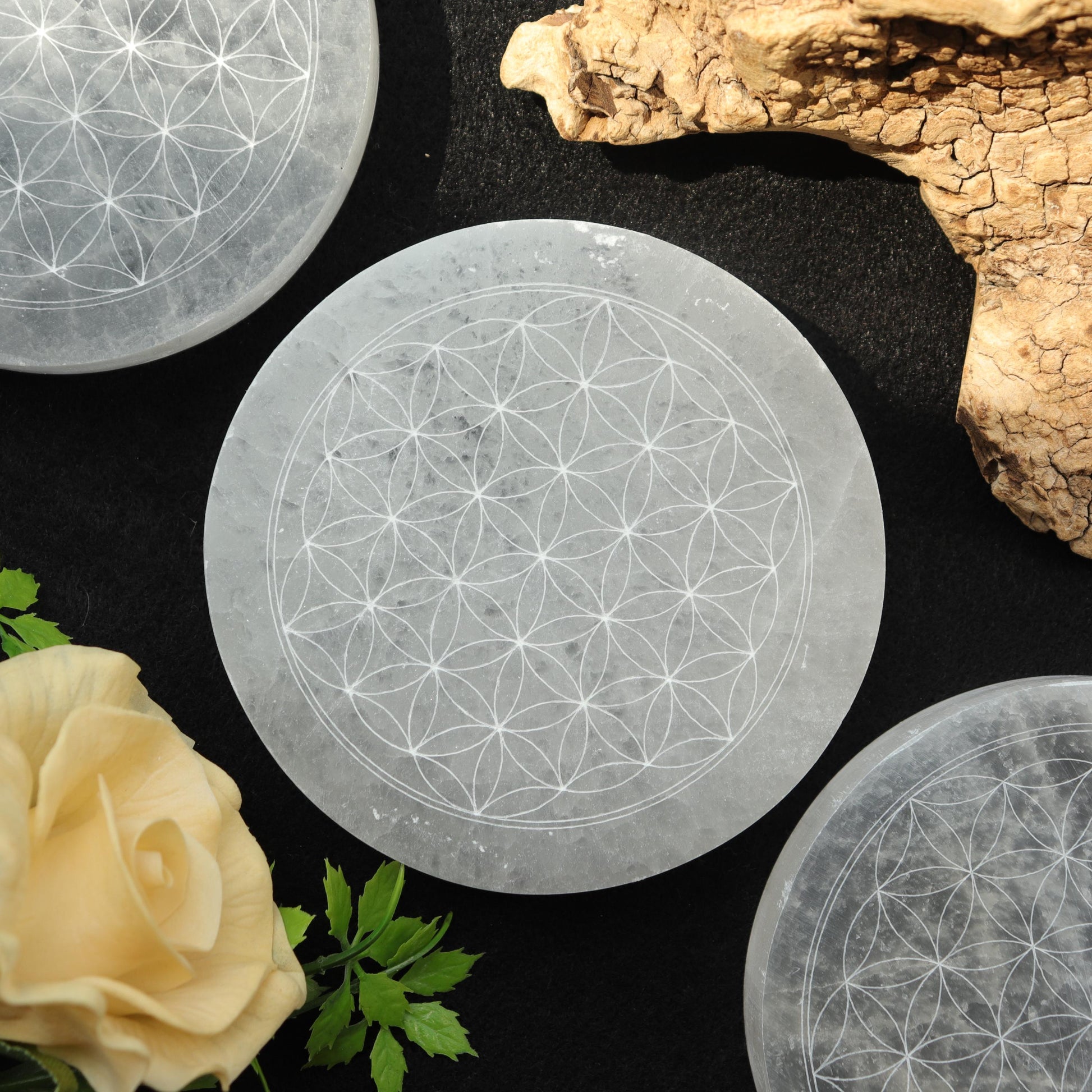 Selenite Round Engraved Plate Flower of Life, Etched Charging & Cleansing Plate 4"