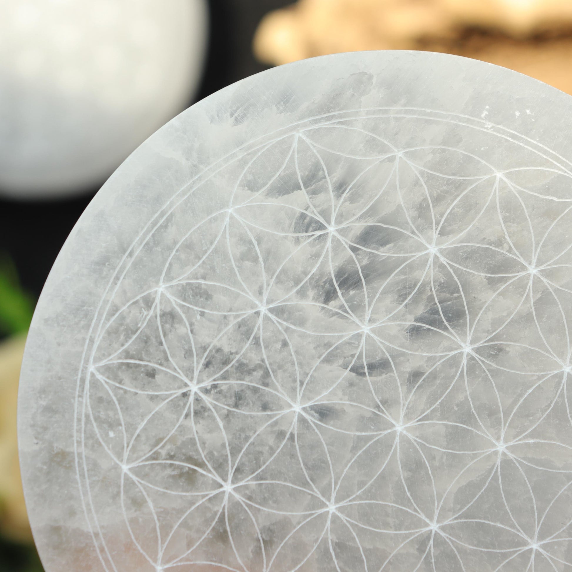 Selenite Round Engraved Plate Flower of Life, Etched Charging & Cleansing Plate 4"