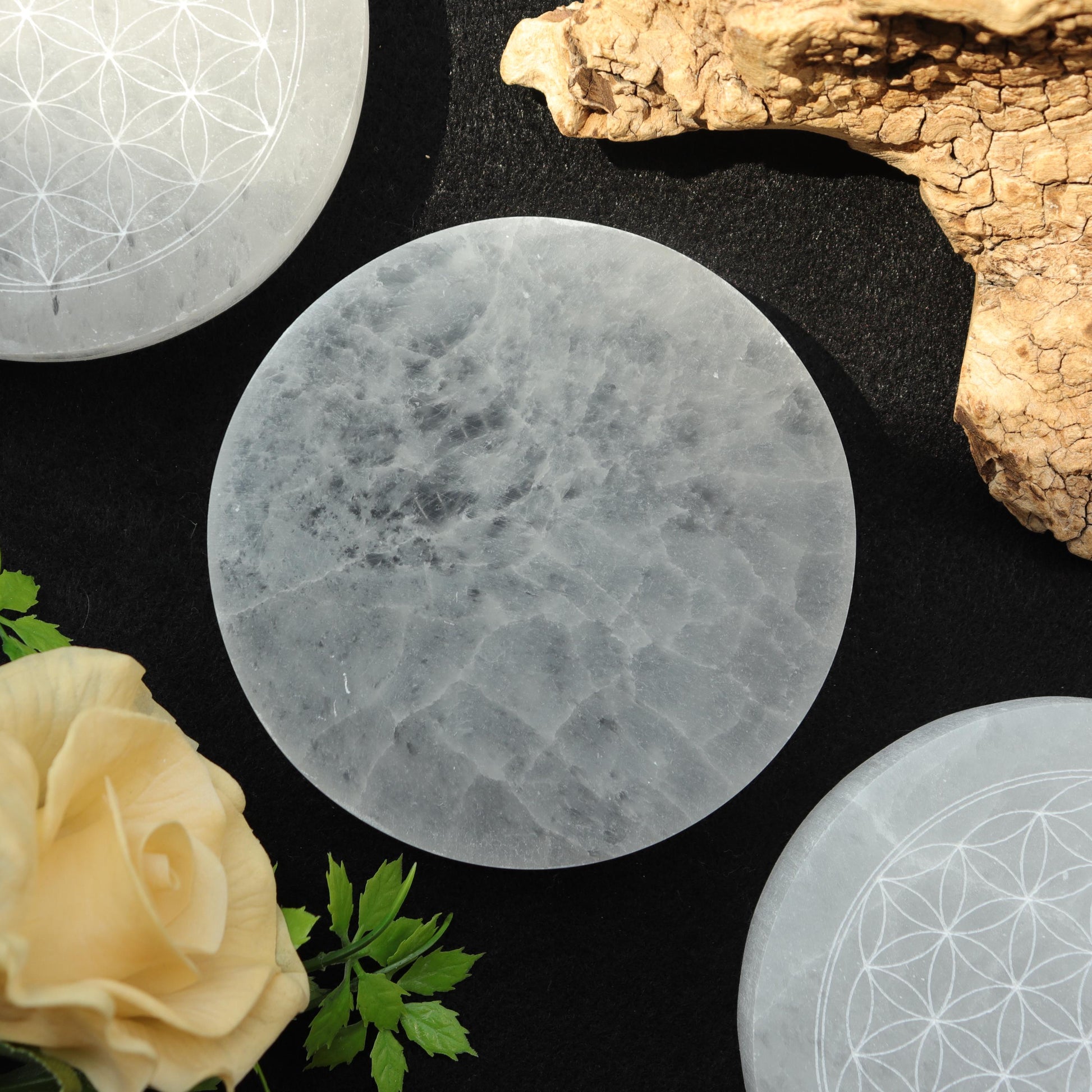 Selenite Round Engraved Plate Flower of Life, Etched Charging & Cleansing Plate 4"