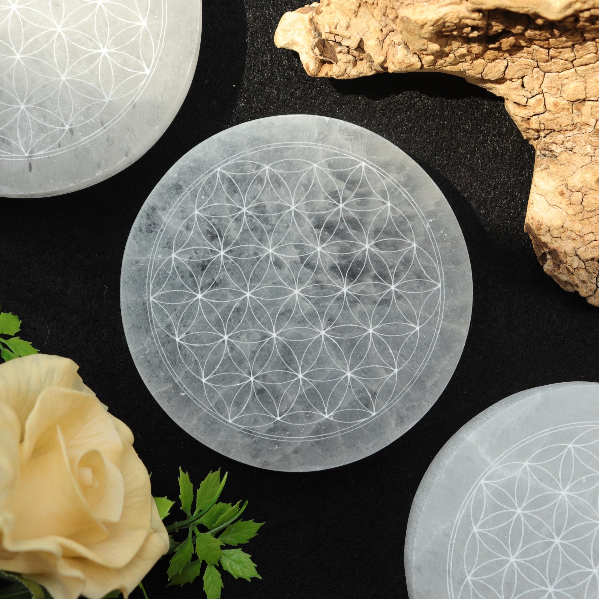 Selenite Round Engraved Plate Flower of Life, Etched Charging & Cleansing Plate 4"