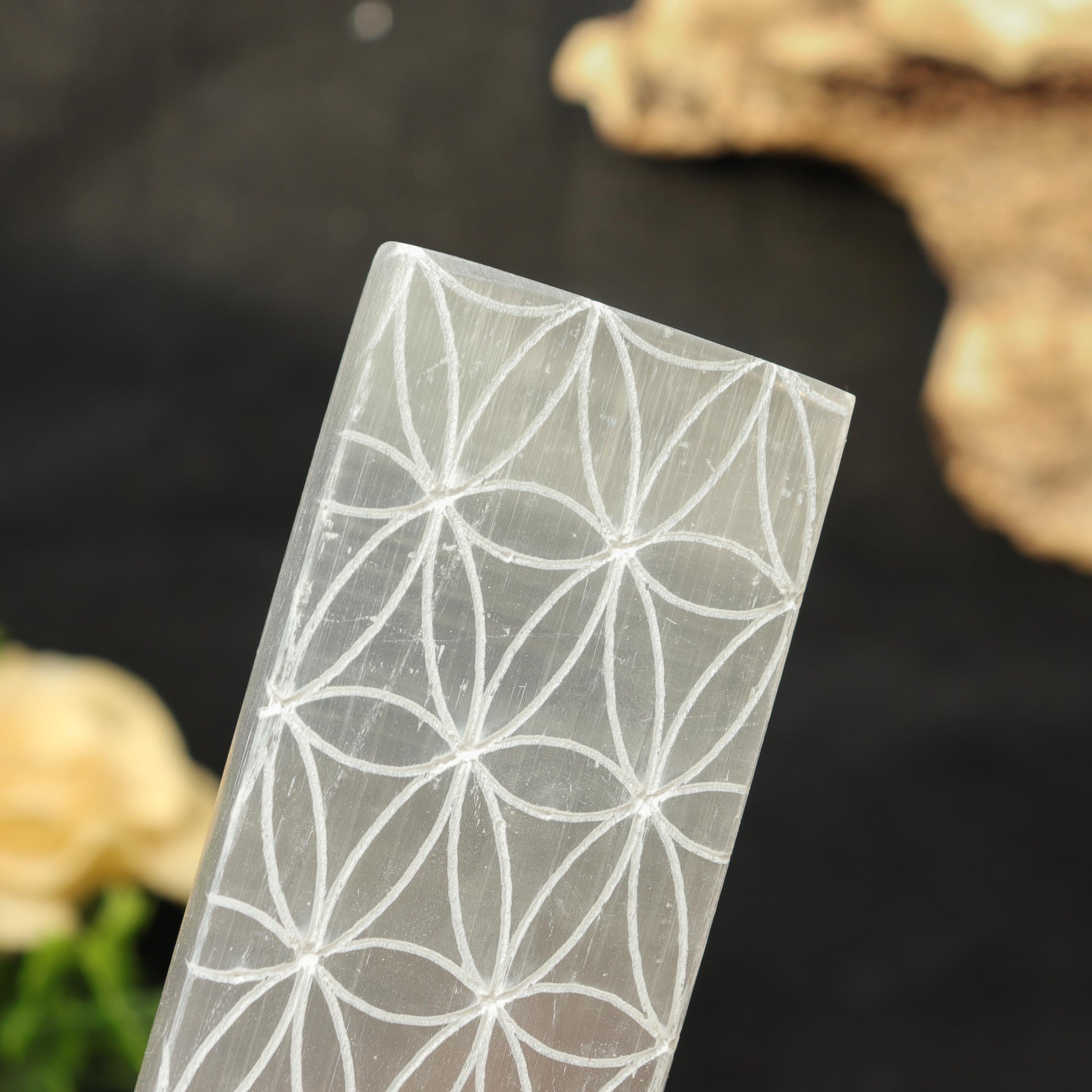 7-8 inches Selenite Engraved Charging Plate, Stick, Bar, Flower of Life Symbols for Clearing, Cleansing