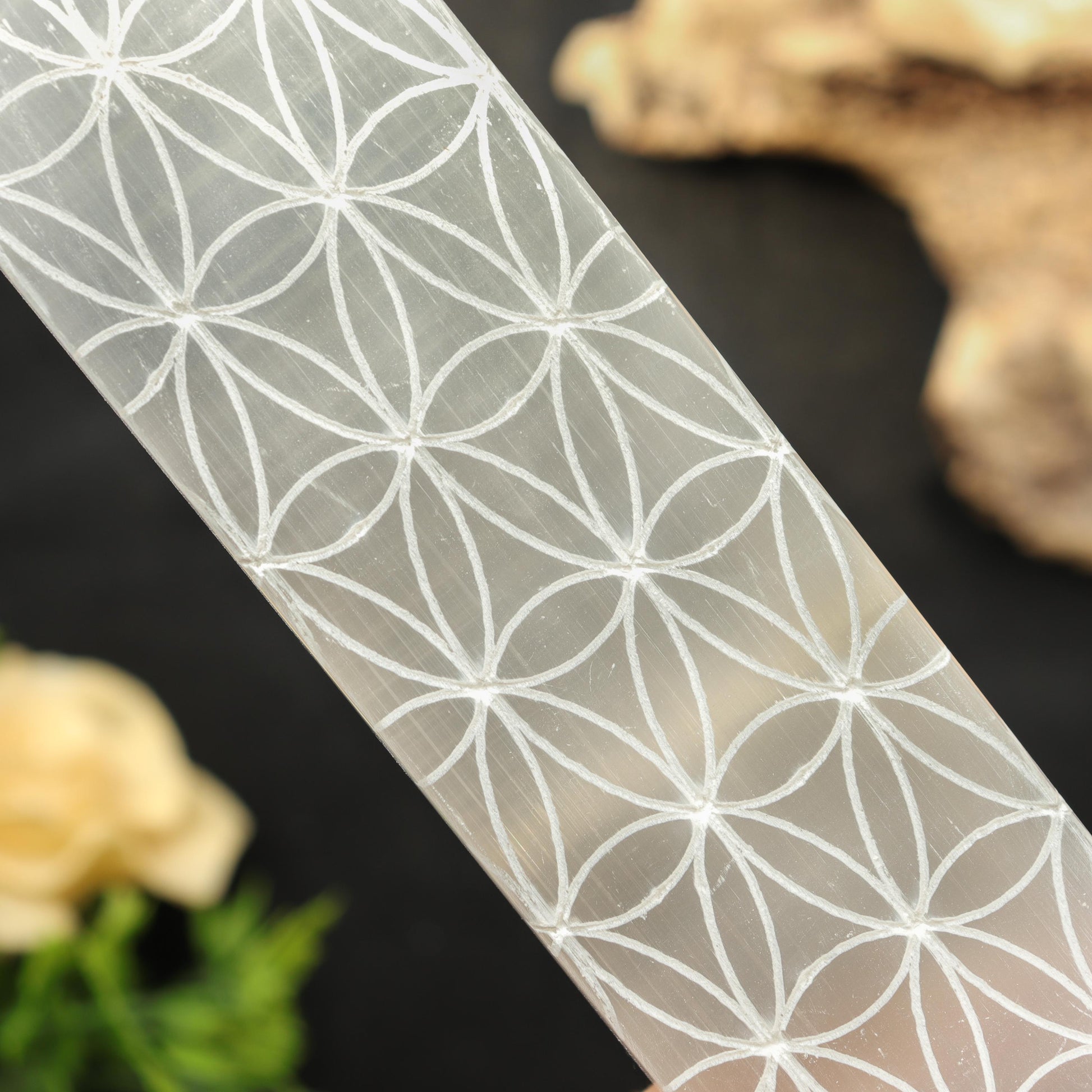 7-8 inches Selenite Engraved Charging Plate, Stick, Bar, Flower of Life Symbols for Clearing, Cleansing