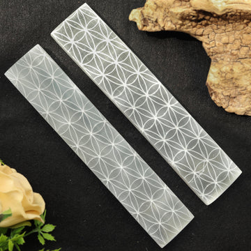 7-8 inches Selenite Engraved Charging Plate, Stick, Bar, Flower of Life Symbols for Clearing, Cleansing