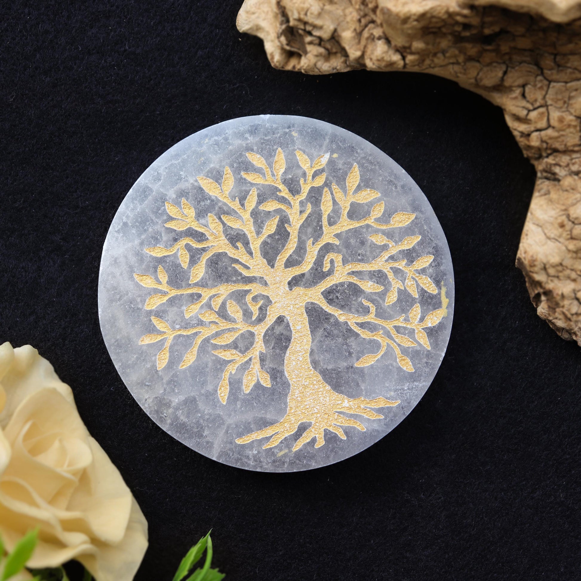 Selenite Gold Engraved Round Plate Tree of life, Etched Charging & Cleansing Plate 3"