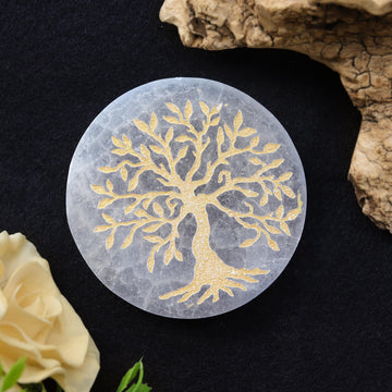 Selenite Gold Engraved Round Plate Tree of life, Etched Charging & Cleansing Plate 3"