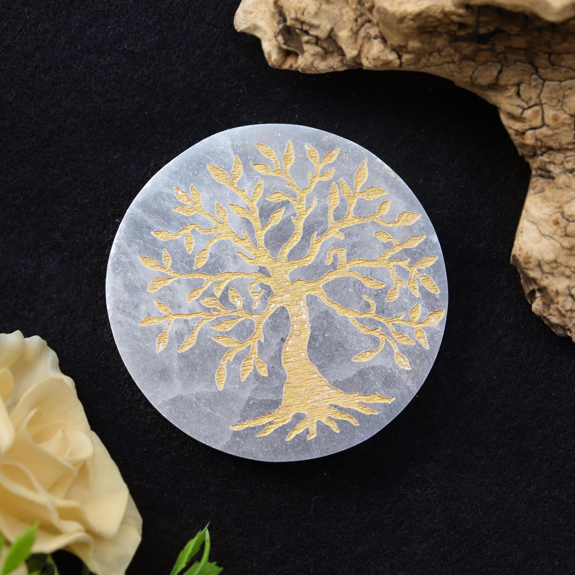 Selenite Gold Engraved Round Plate Tree of life, Etched Charging & Cleansing Plate 3"