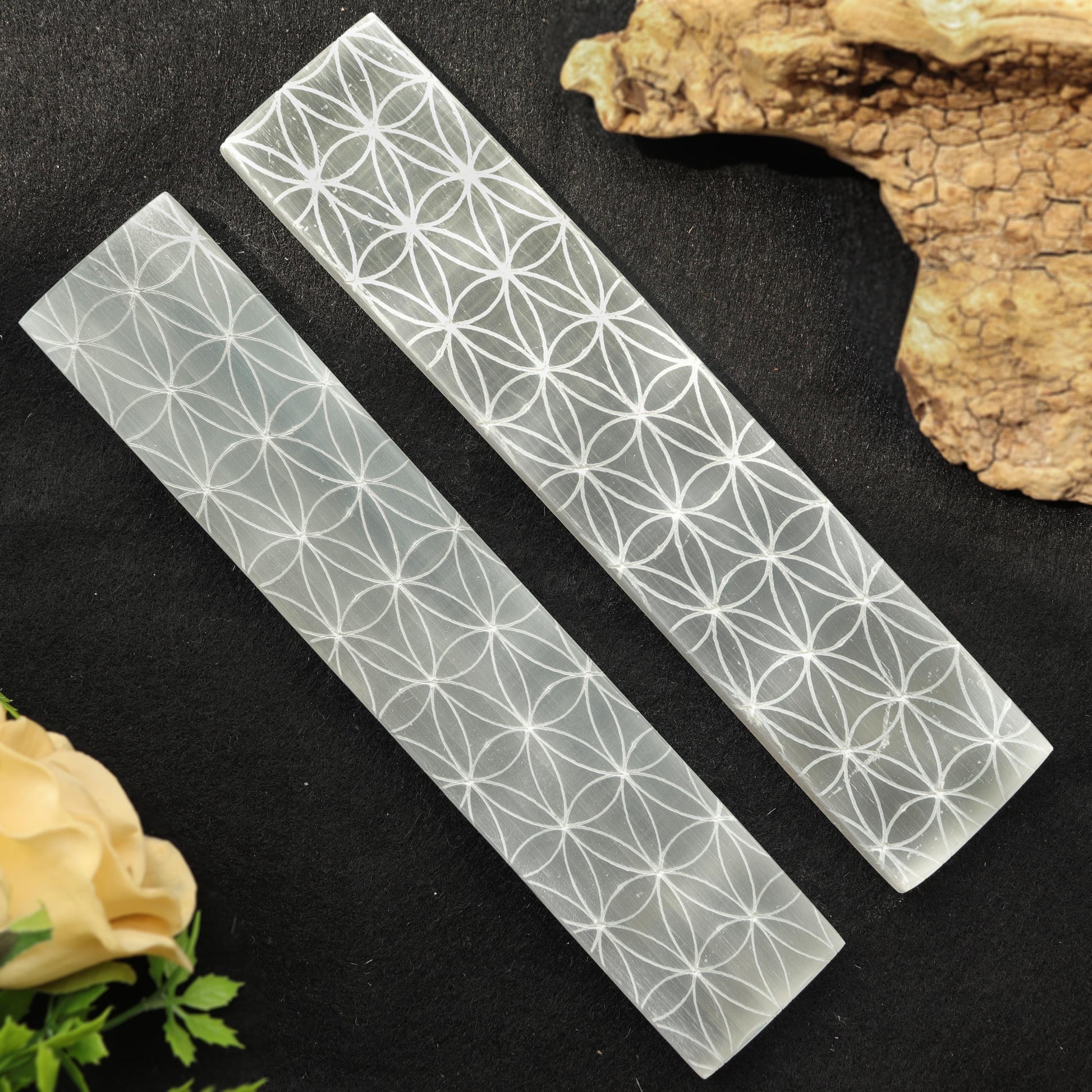 Selenite Engraved Charging Plate, Stick, Bar, Chakra Symbols, Flower of Life, Tree of Life, Zodiac Astrology Signs