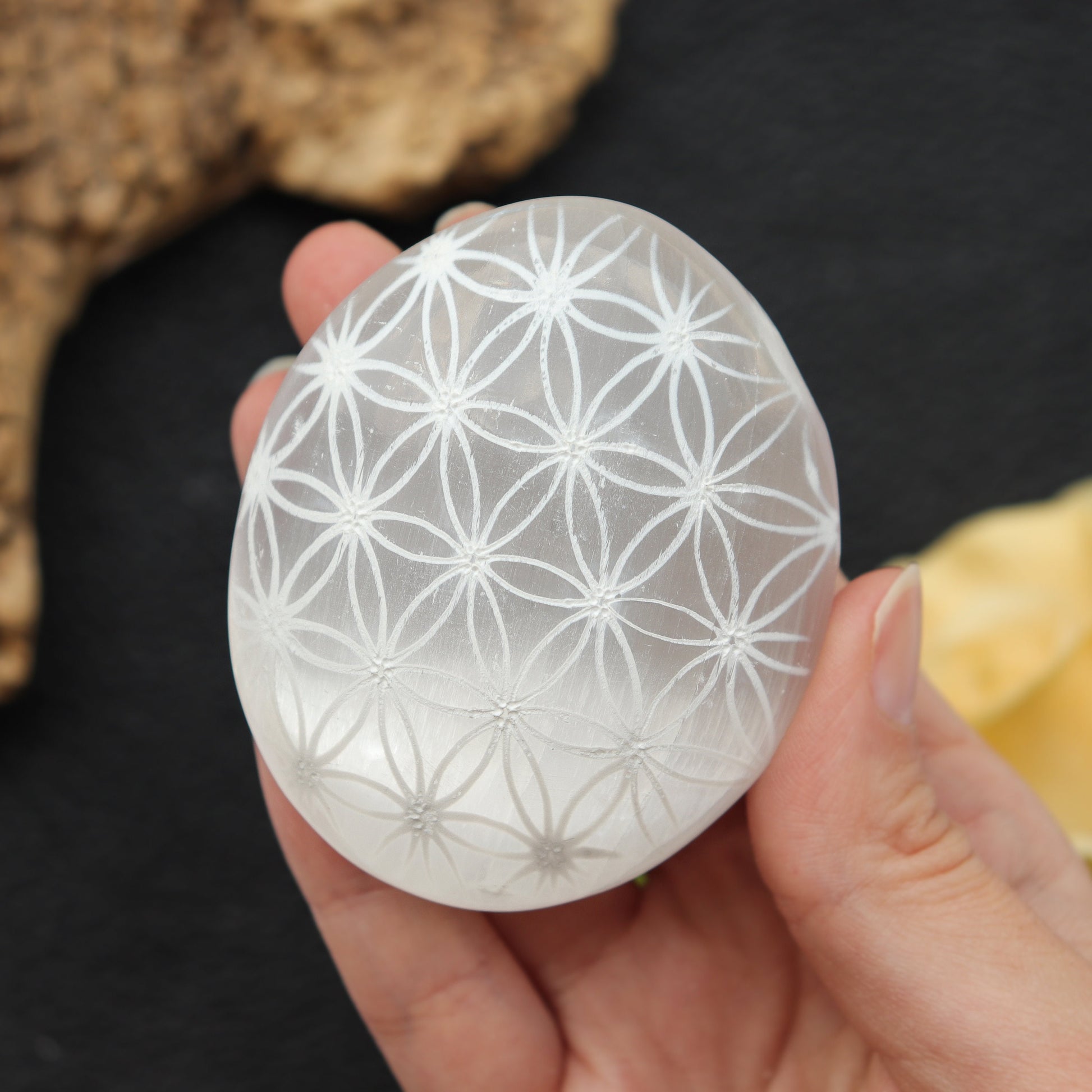 Selenite Palm stone with Flower of Life | Selenite Palm stone | Moroccan Selenite