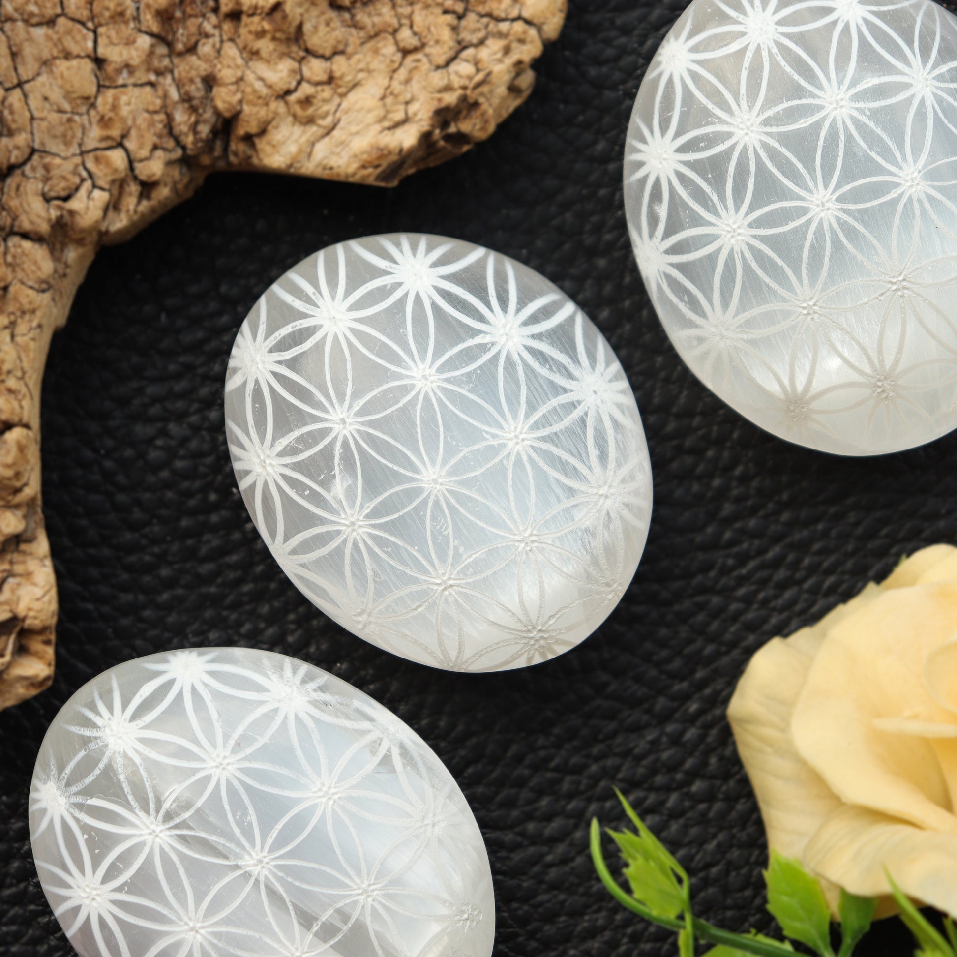 Selenite Palm stone with Flower of Life | Selenite Palm stone | Moroccan Selenite