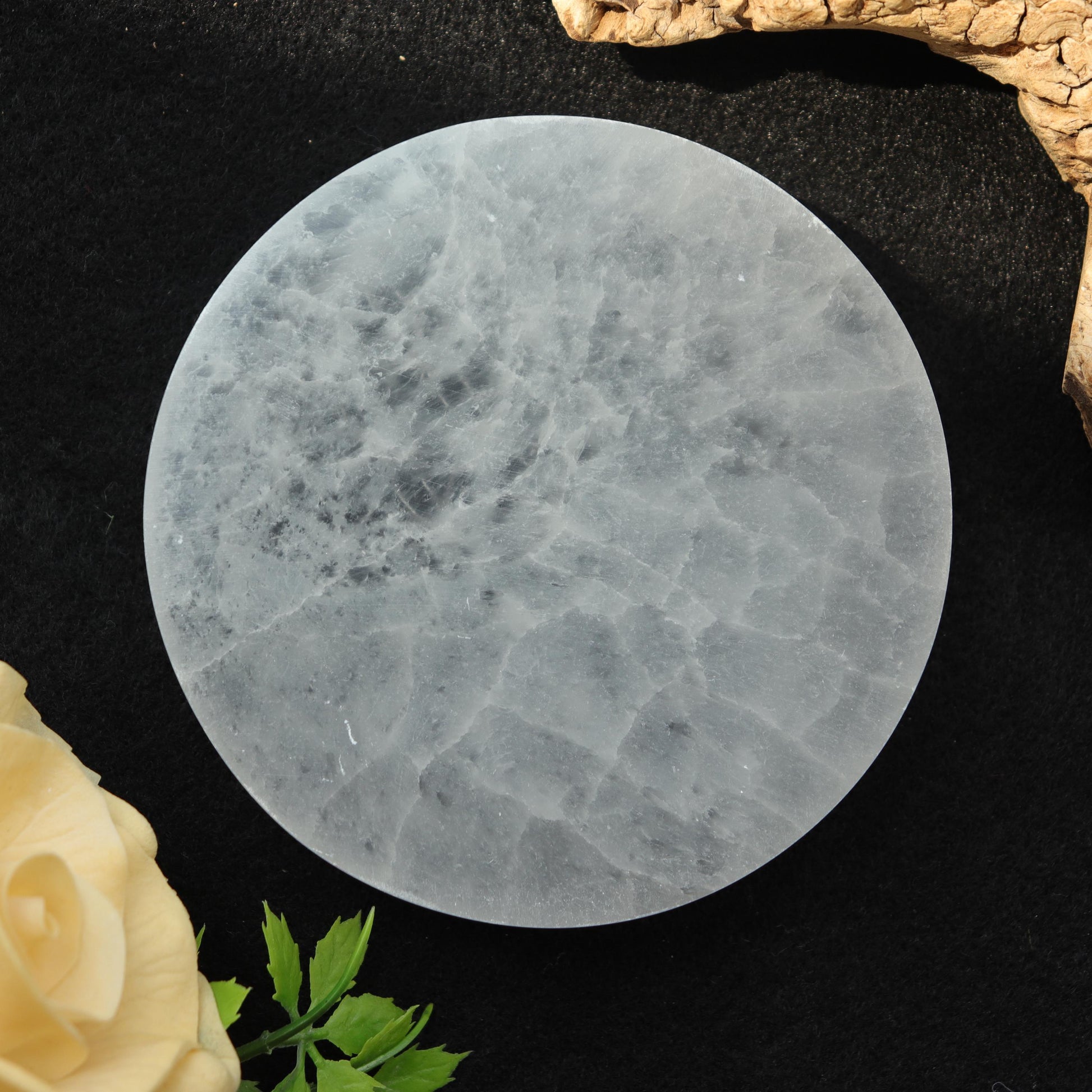 Selenite Round Engraved Plate Flower of Life, Etched Charging & Cleansing Plate 4"