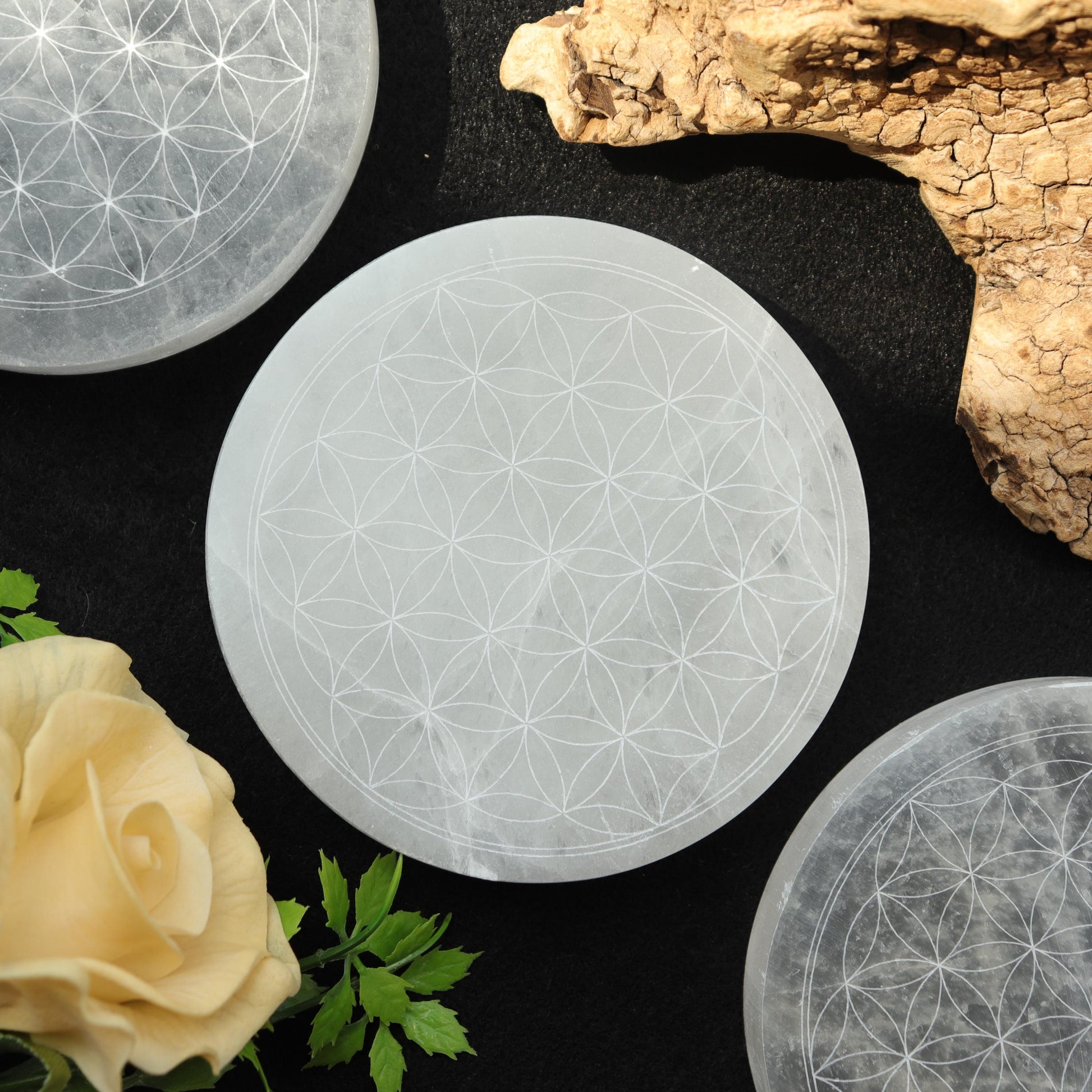 Selenite Round Engraved Plate Flower of Life, Etched Charging & Cleansing Plate 4"